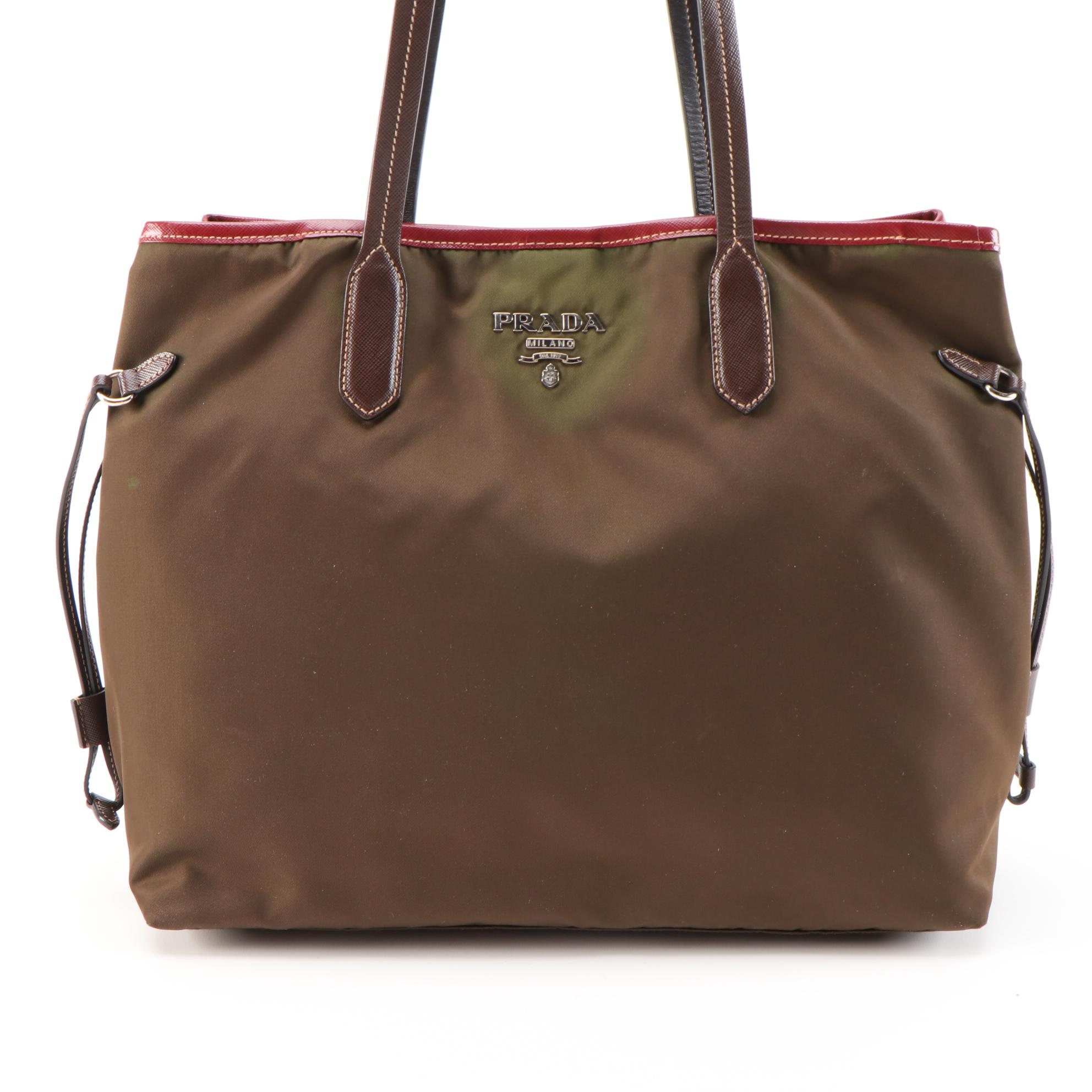 Prada Dark Green/Brown Nylon Tote with Leather Trim