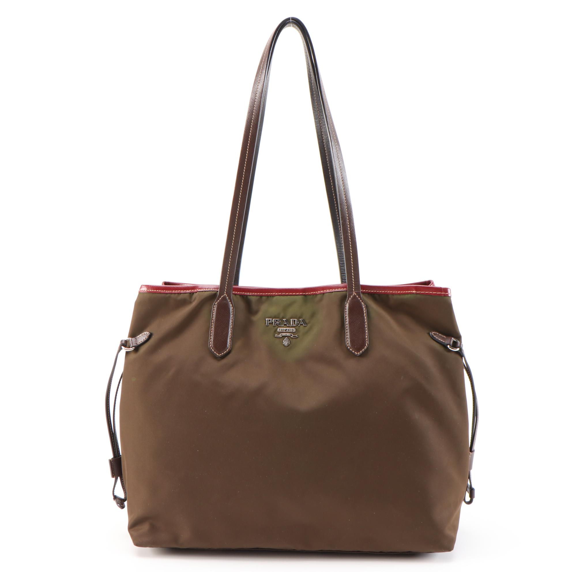 Prada Dark Green/Brown Nylon Tote with Leather Trim