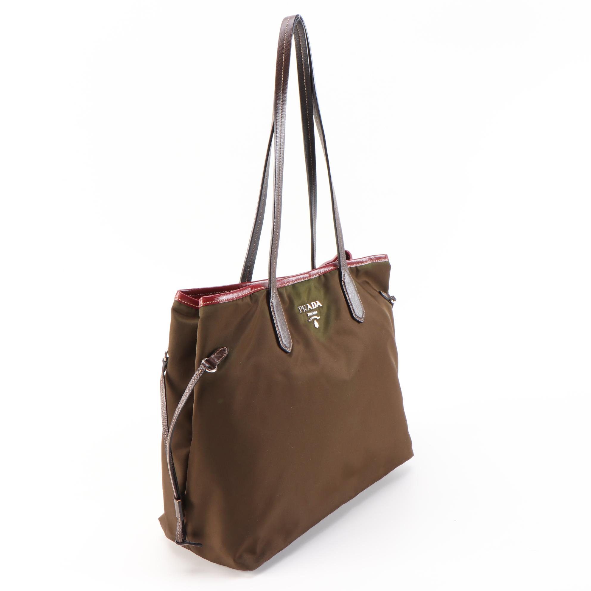 Prada Dark Green/Brown Nylon Tote with Leather Trim