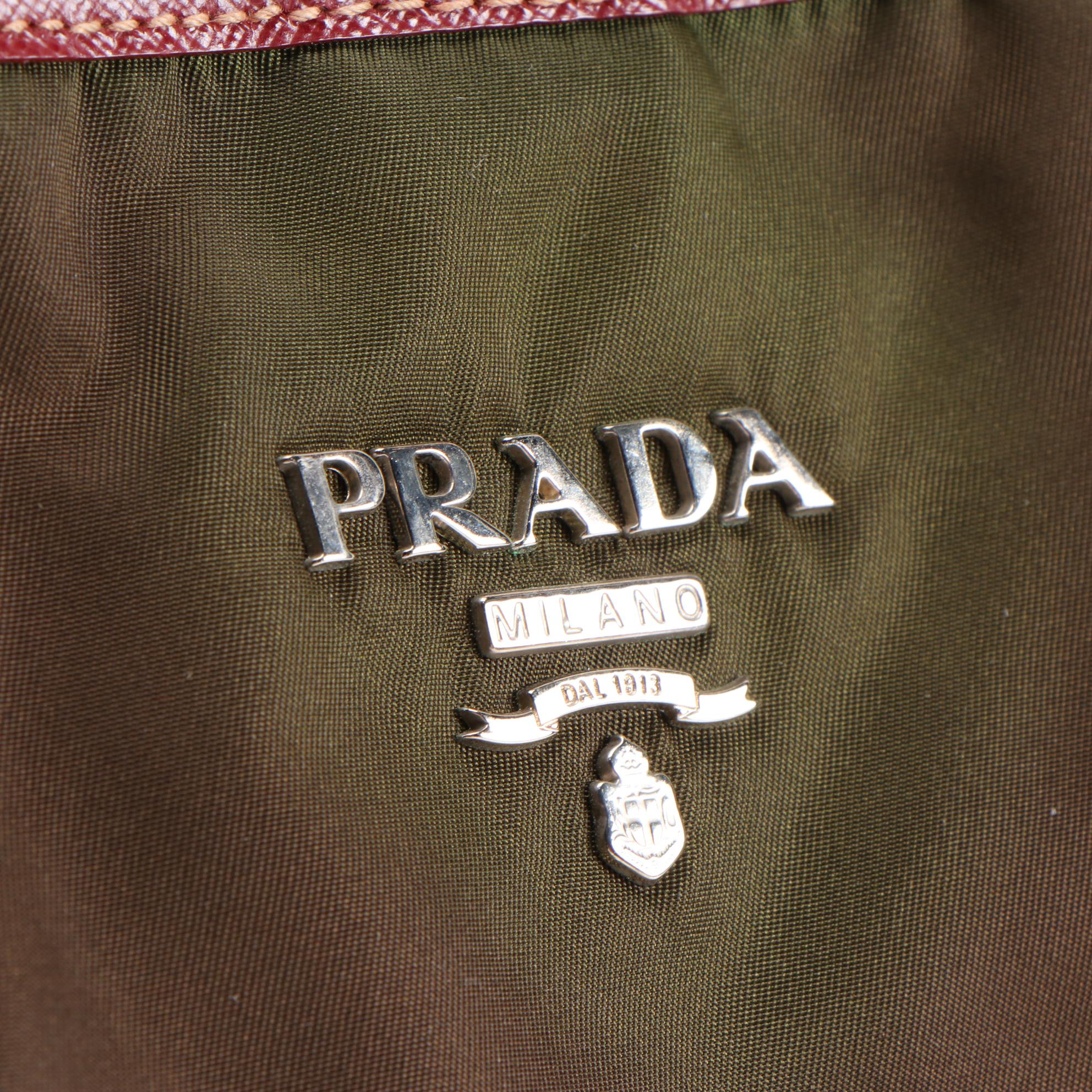 Prada Dark Green/Brown Nylon Tote with Leather Trim