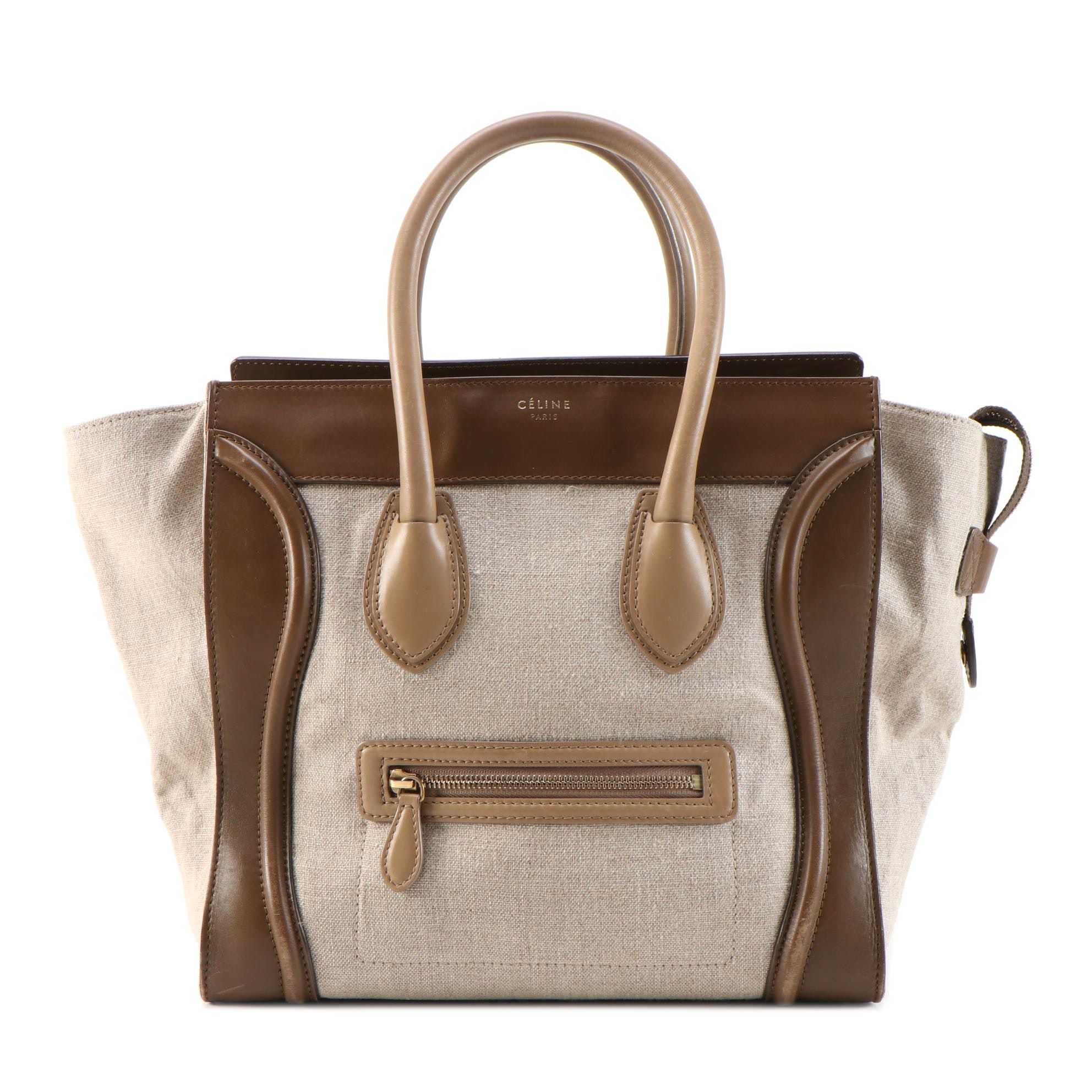 Céline Mini Luggage Tote Bag in Tan/Brown Calfskin Leather and Beige Canvas