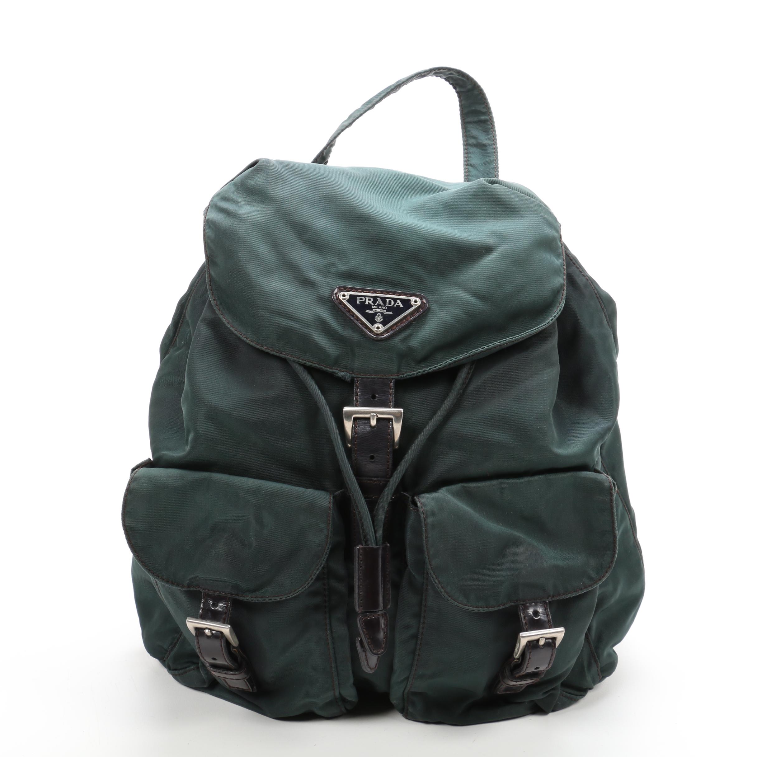 Prada Backpack Purse in Evergreen Tessuto Nylon with Black Leather Trim