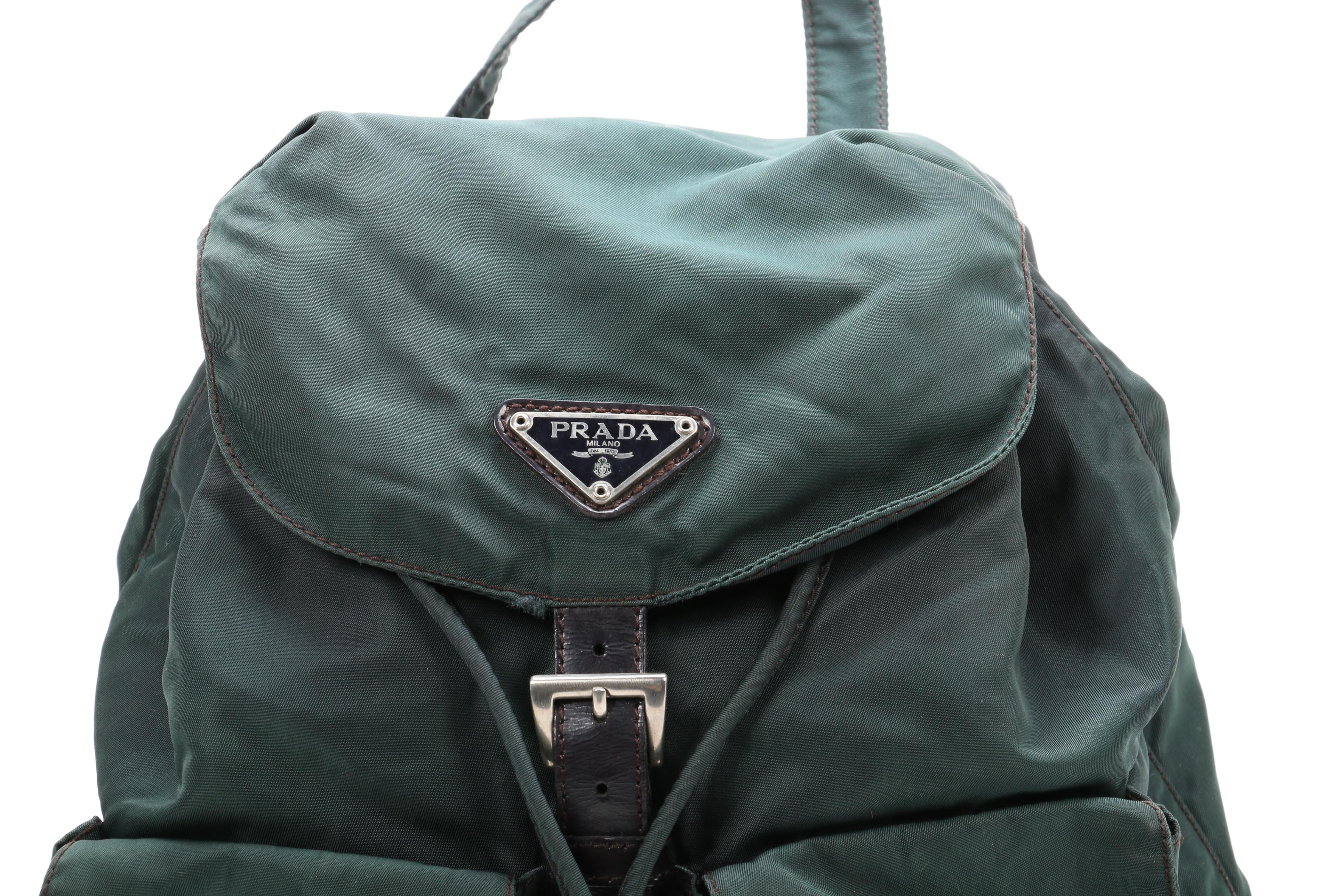Prada Backpack Purse in Evergreen Tessuto Nylon with Black Leather Trim