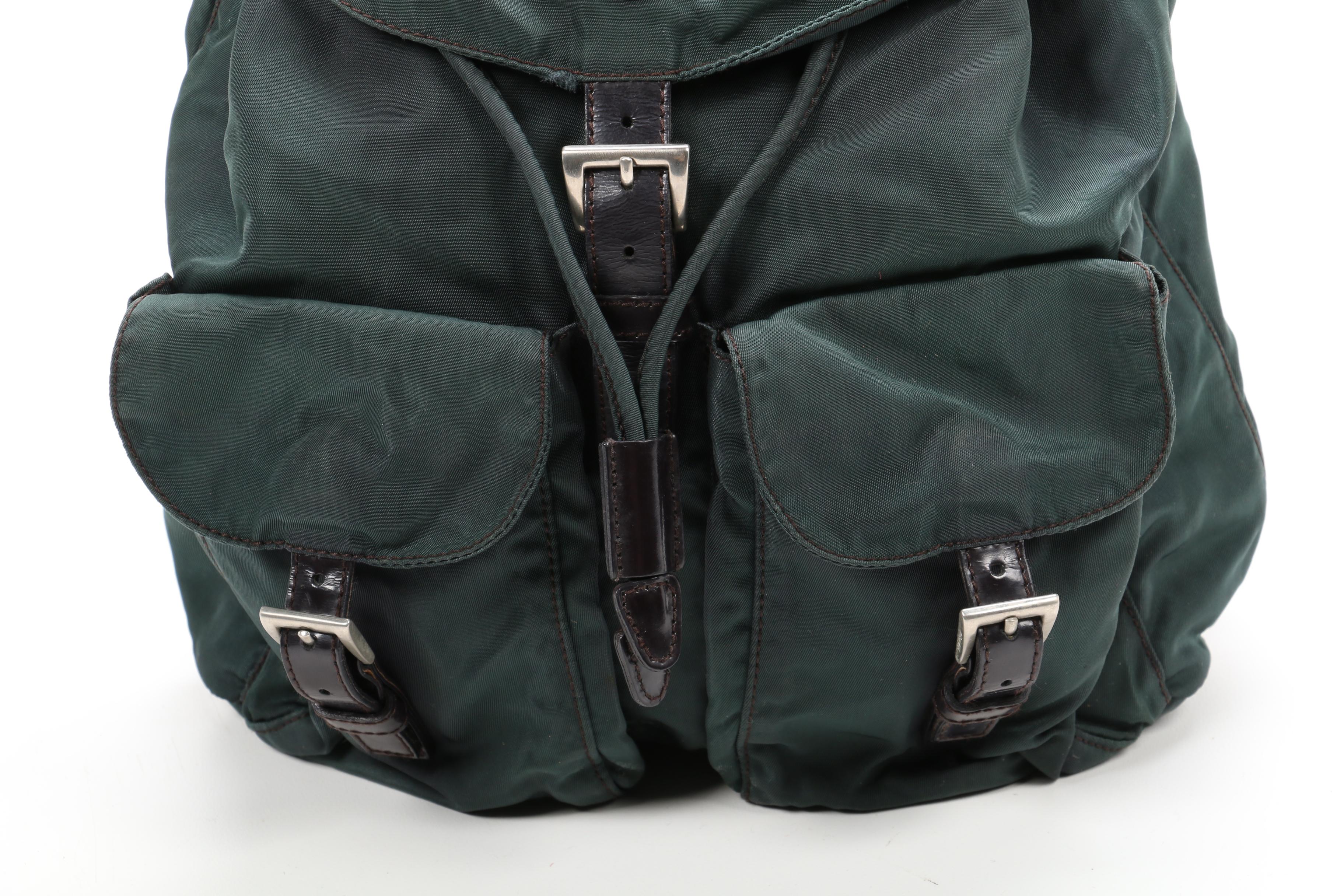 Prada Backpack Purse in Evergreen Tessuto Nylon with Black Leather Trim