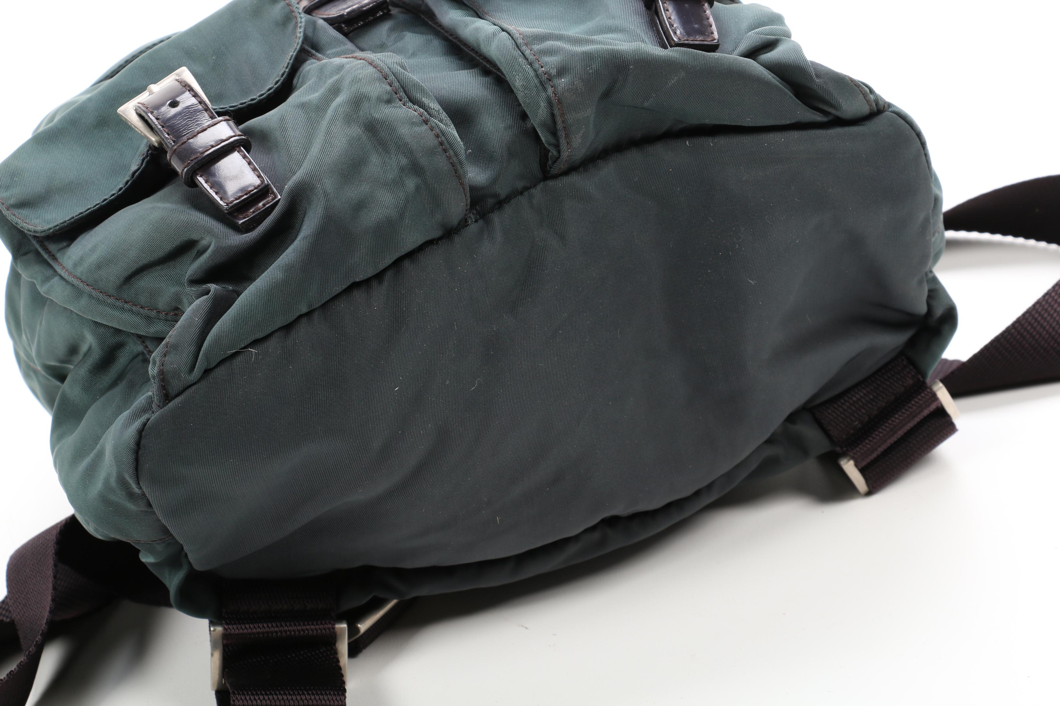 Prada Backpack Purse in Evergreen Tessuto Nylon with Black Leather Trim