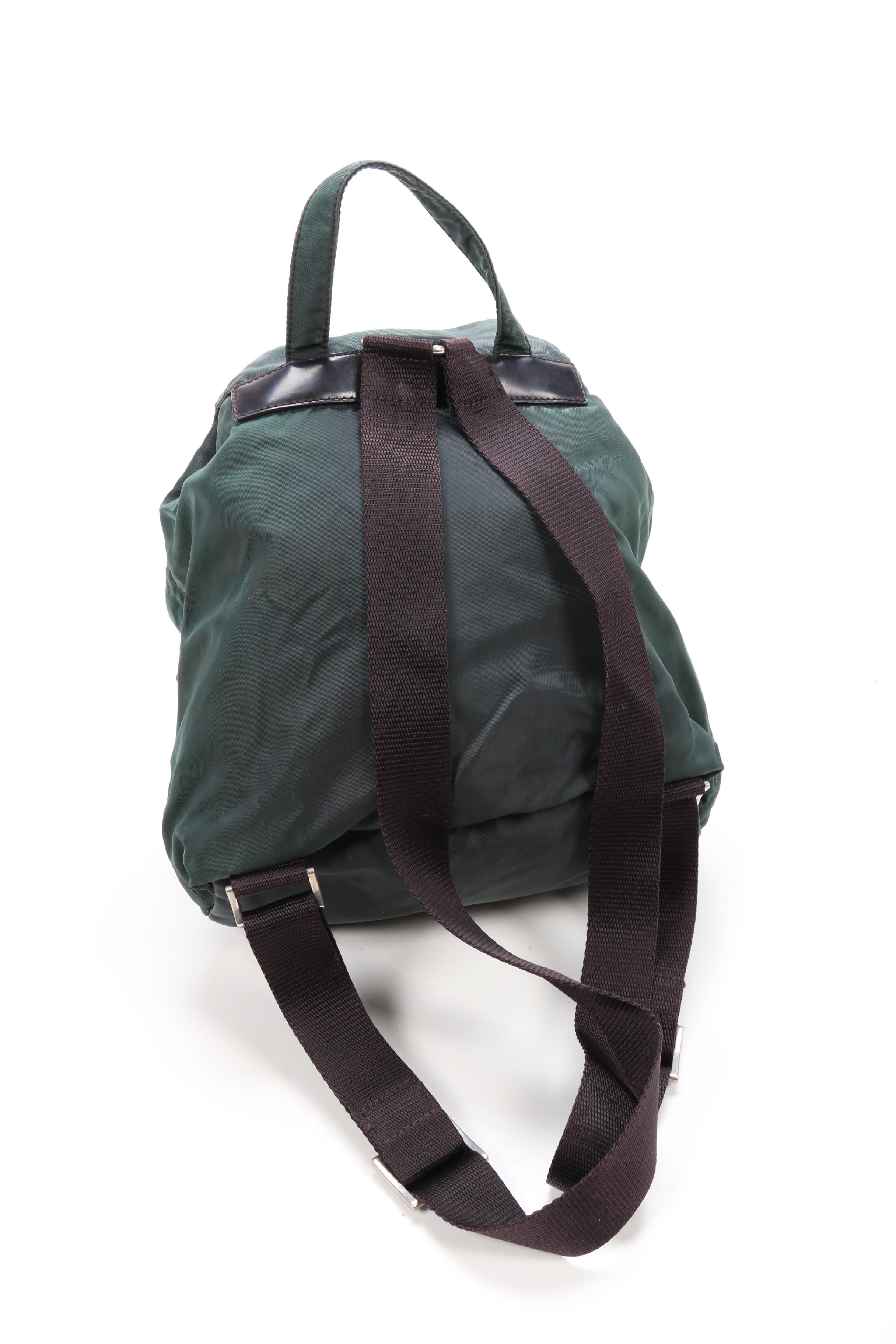 Prada Backpack Purse in Evergreen Tessuto Nylon with Black Leather Trim