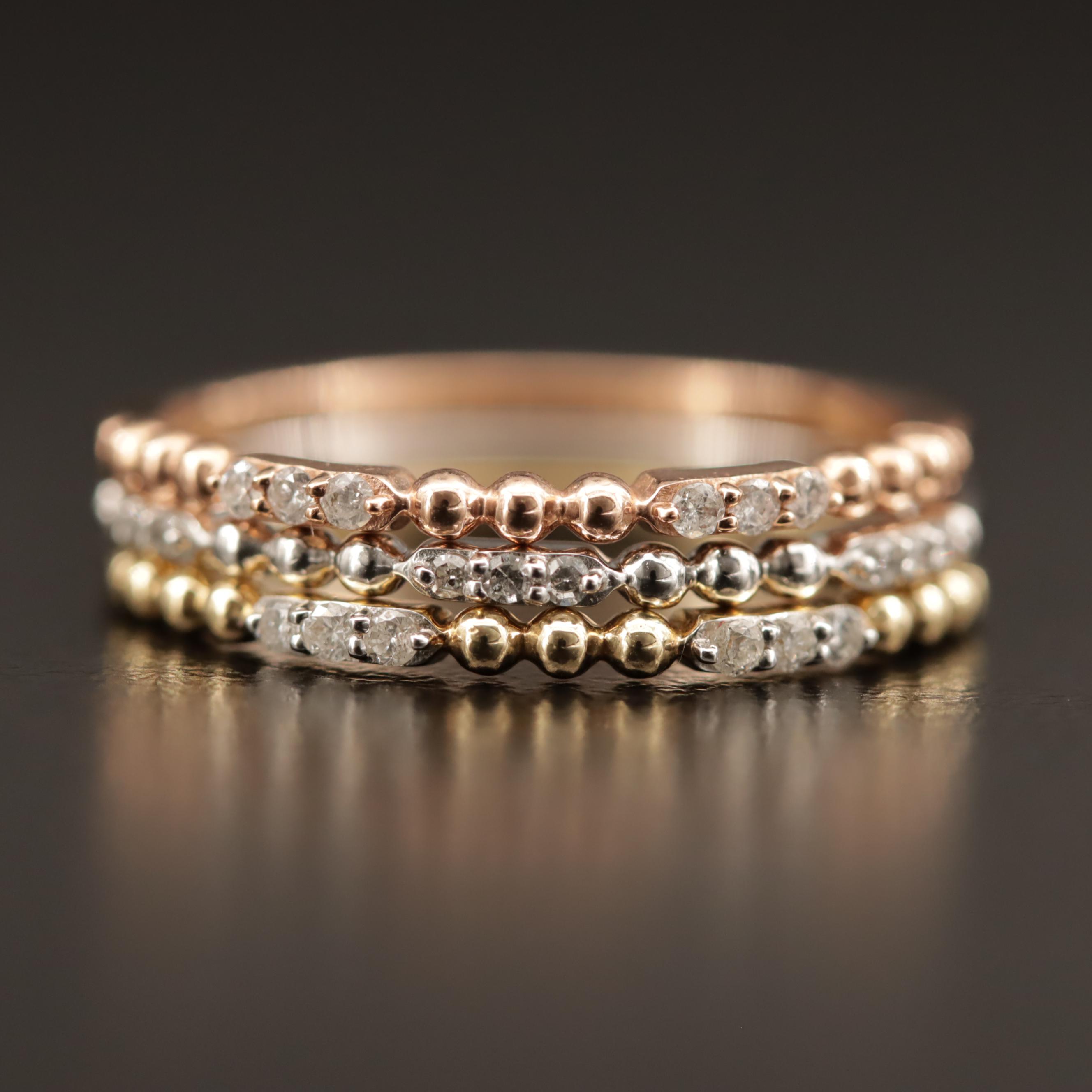 10K Tri-Color Diamond Stackable Rings