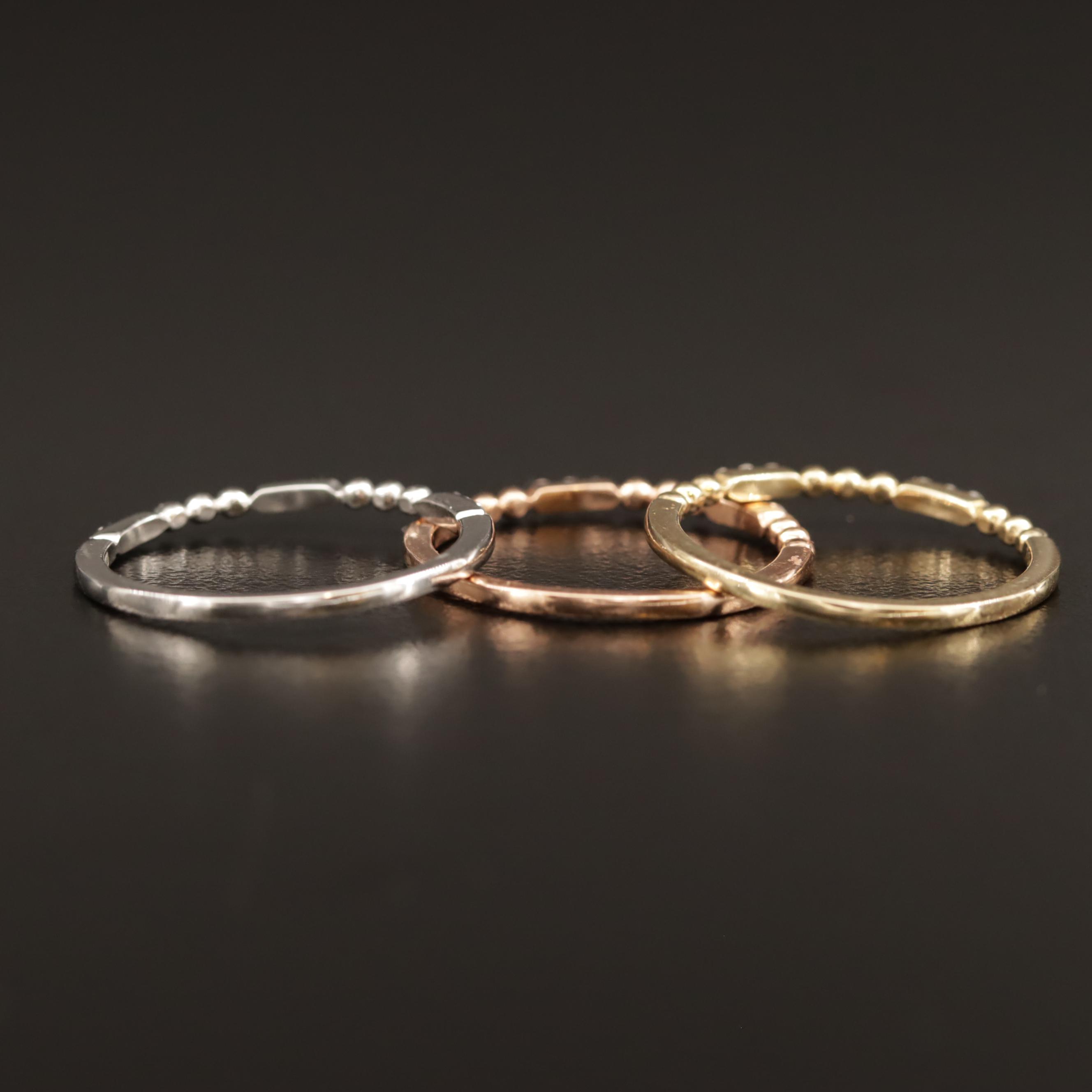 10K Tri-Color Diamond Stackable Rings