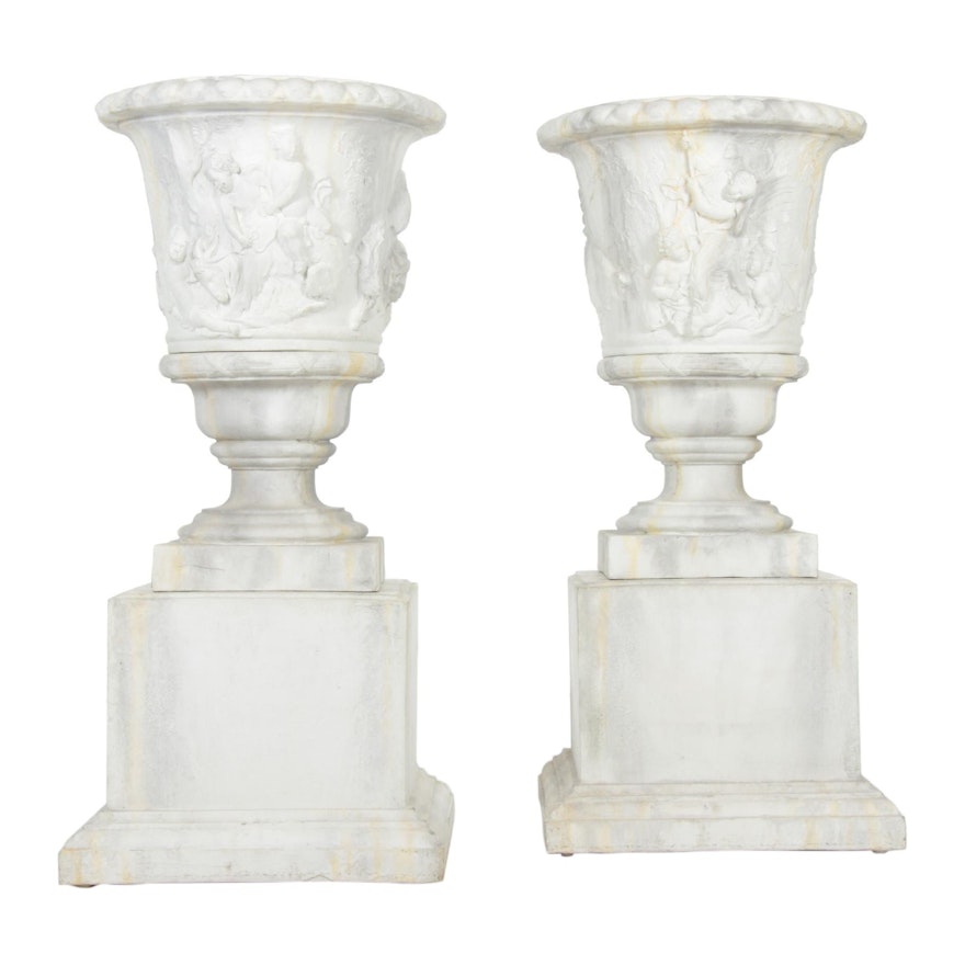 Monumental Pair Neoclassical Style Composite Urn Shaped Planters, Contemporary