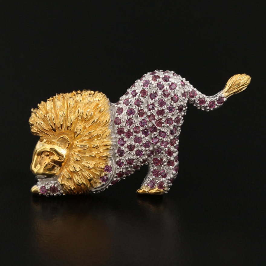 Sterling Garnet Lion Brooch