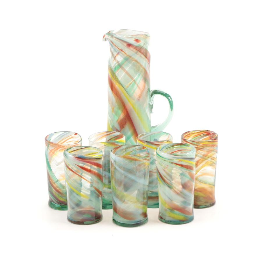 Blown Glass Swirl Water Pitcher and Tumblers