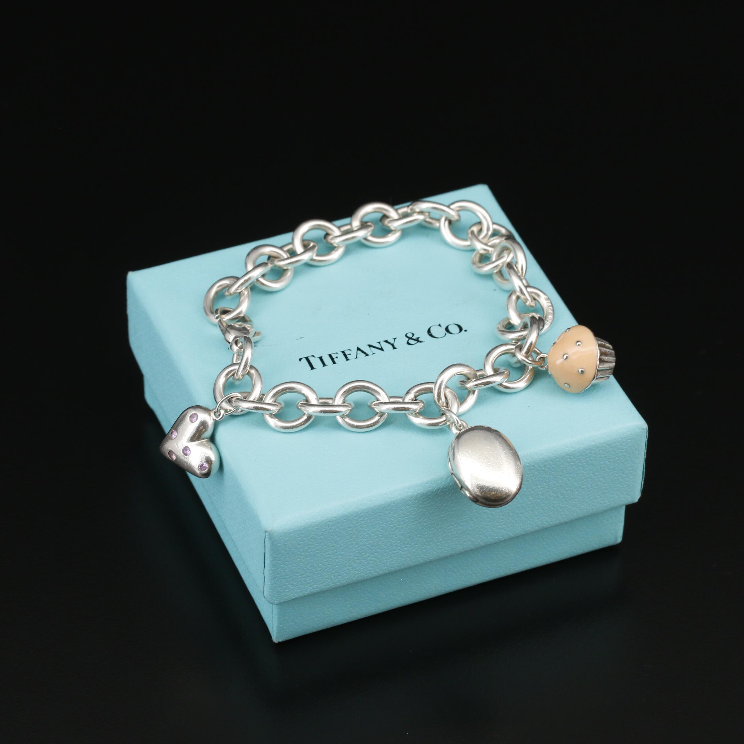 Tiffany & Co. Sterling Charm Bracelet with Cupcake, Locket and Heart Charms