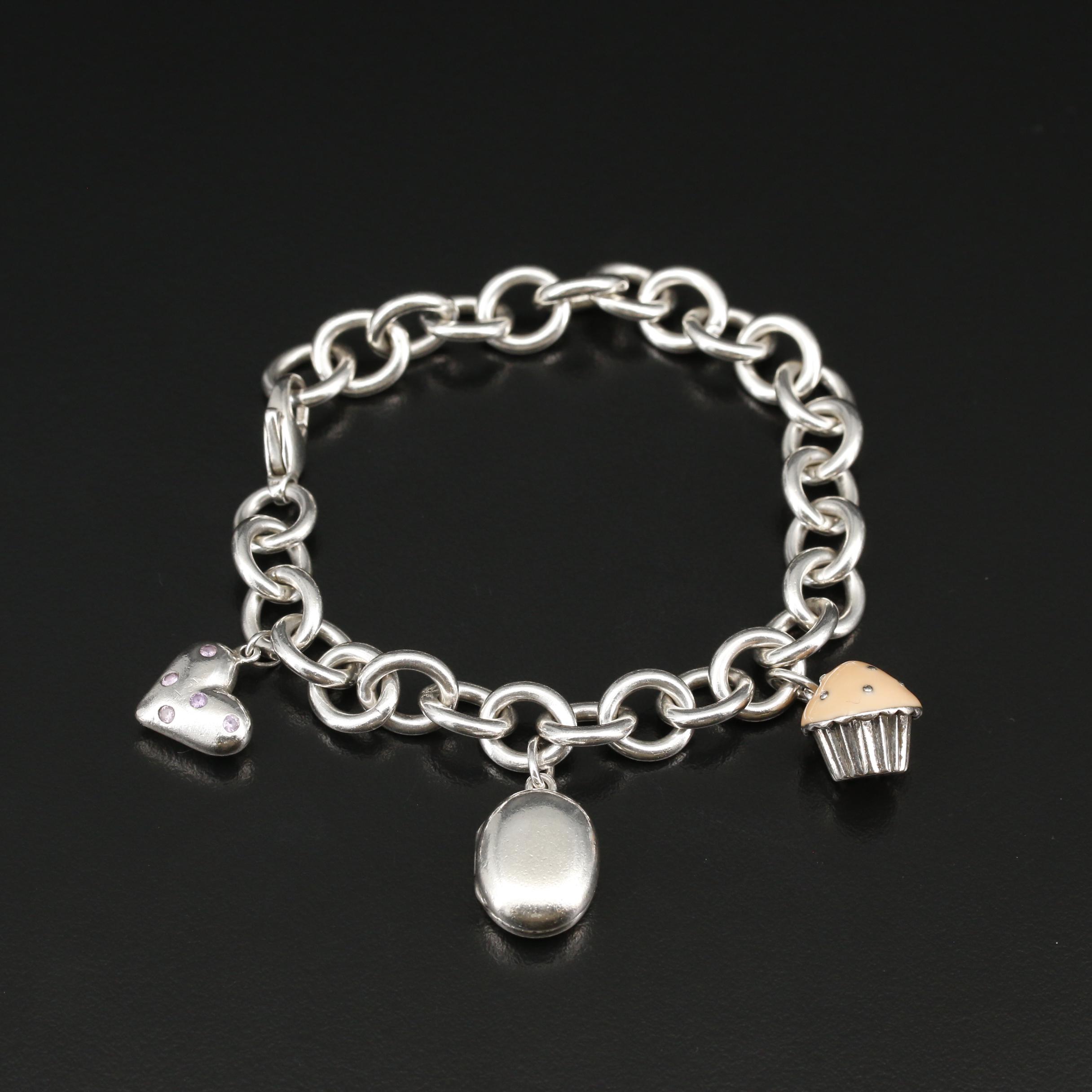 Tiffany & Co. Sterling Charm Bracelet with Cupcake, Locket and Heart Charms