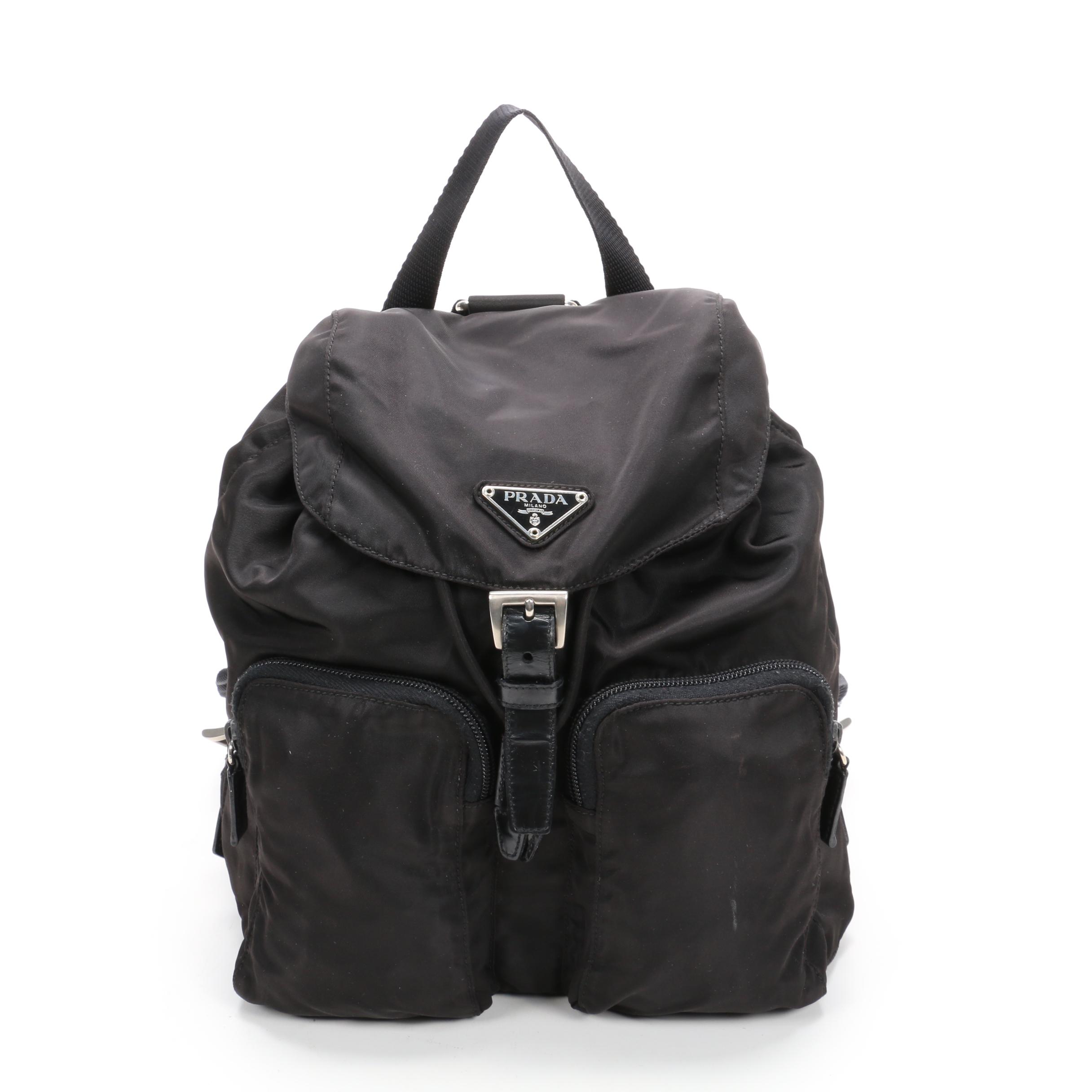 Prada Black Tessuto Nylon and Saffiano Leather Backpack Purse