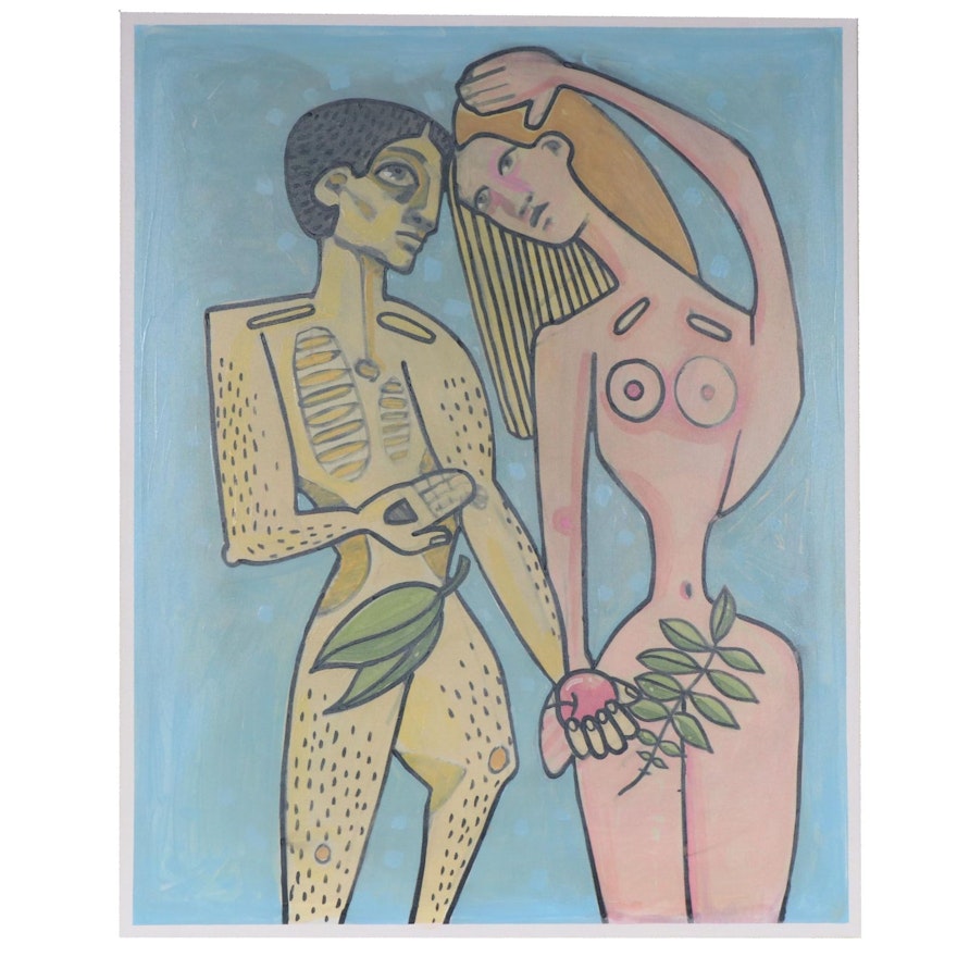 Renée Raub-Ayers Outsider Art Acrylic Painting of Adam and Eve, 2016