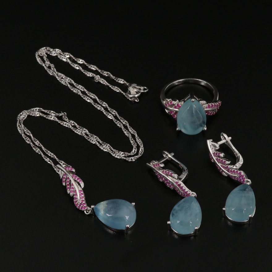 Sterling Silver Aquamarine and Ruby Jewelry Set