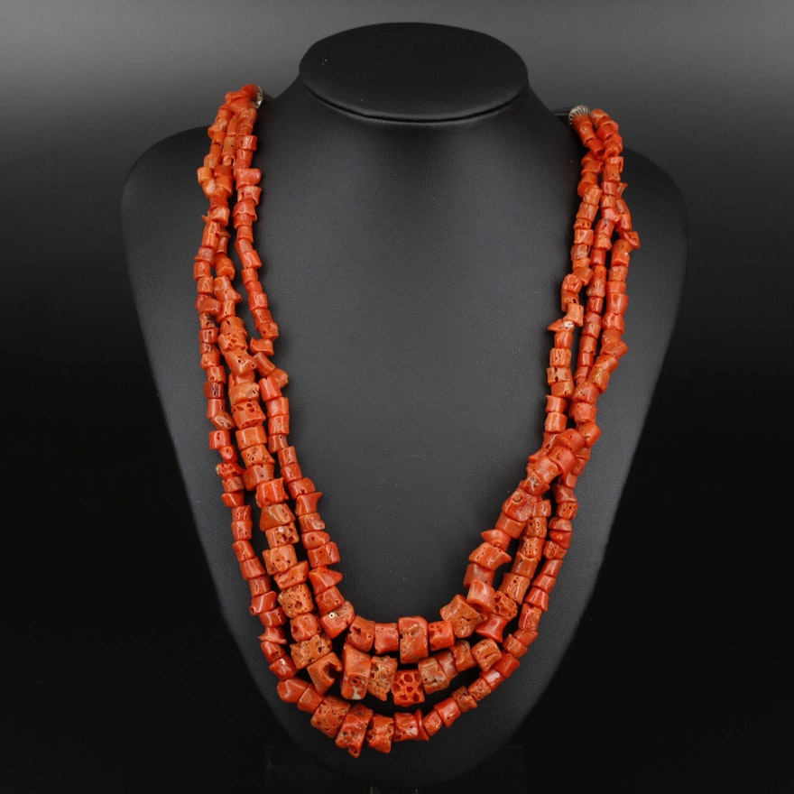 Triple Strand Coral Beaded Necklace with Sterling Clasp