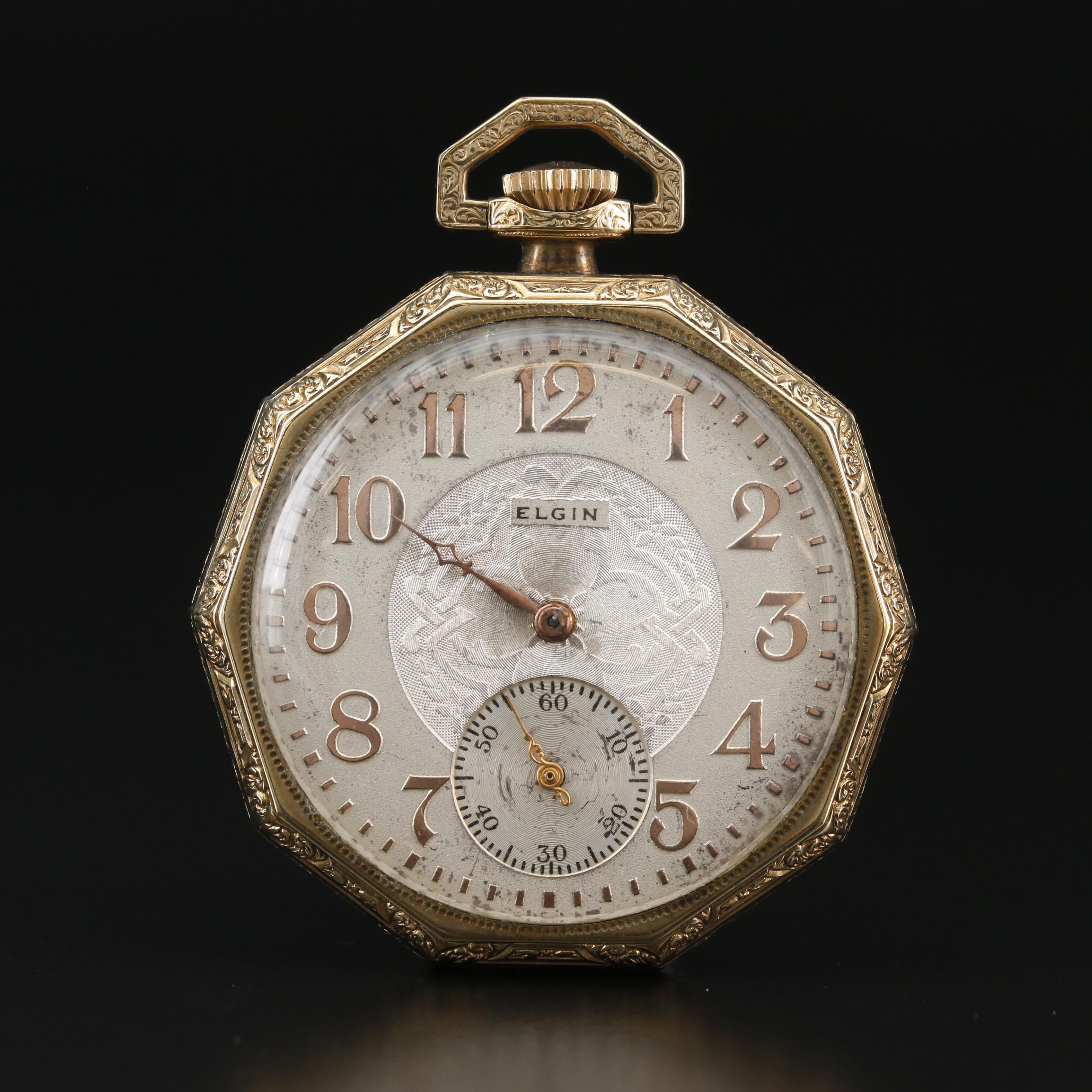 1923 Elgin Gold Filled Decagon Open Face Pocket Watch