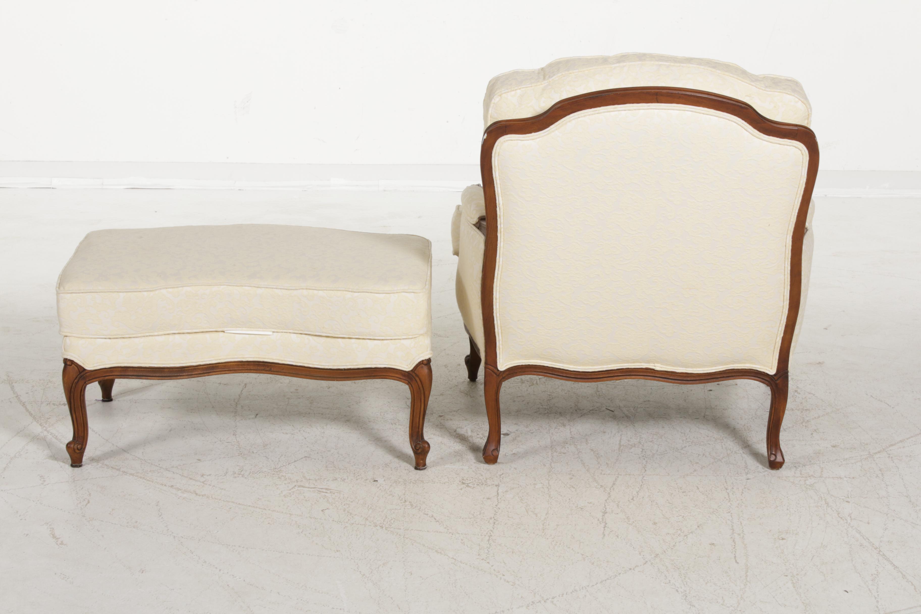 Ethan Allen Versailles Upholstered Armchair and Ottoman, Late 20th Century