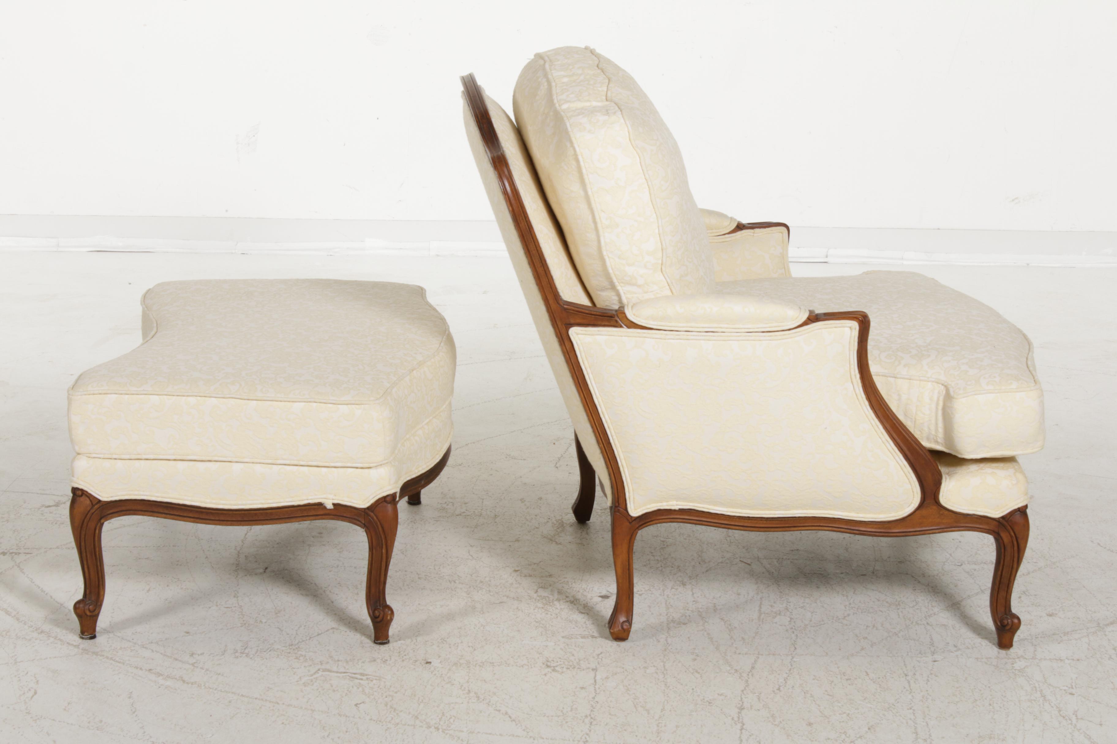 Ethan Allen Versailles Upholstered Armchair and Ottoman, Late 20th Century