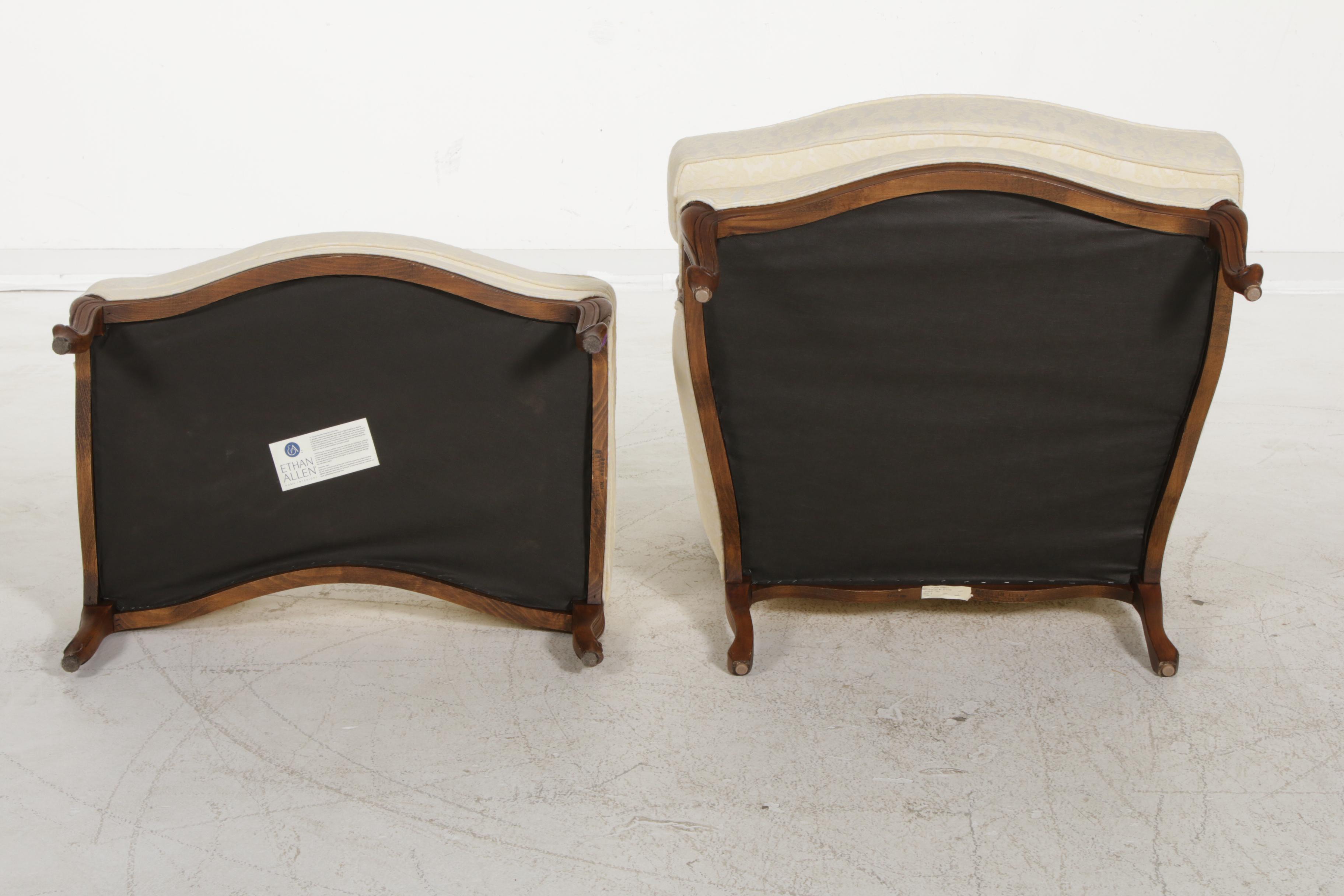 Ethan Allen Versailles Upholstered Armchair and Ottoman, Late 20th Century