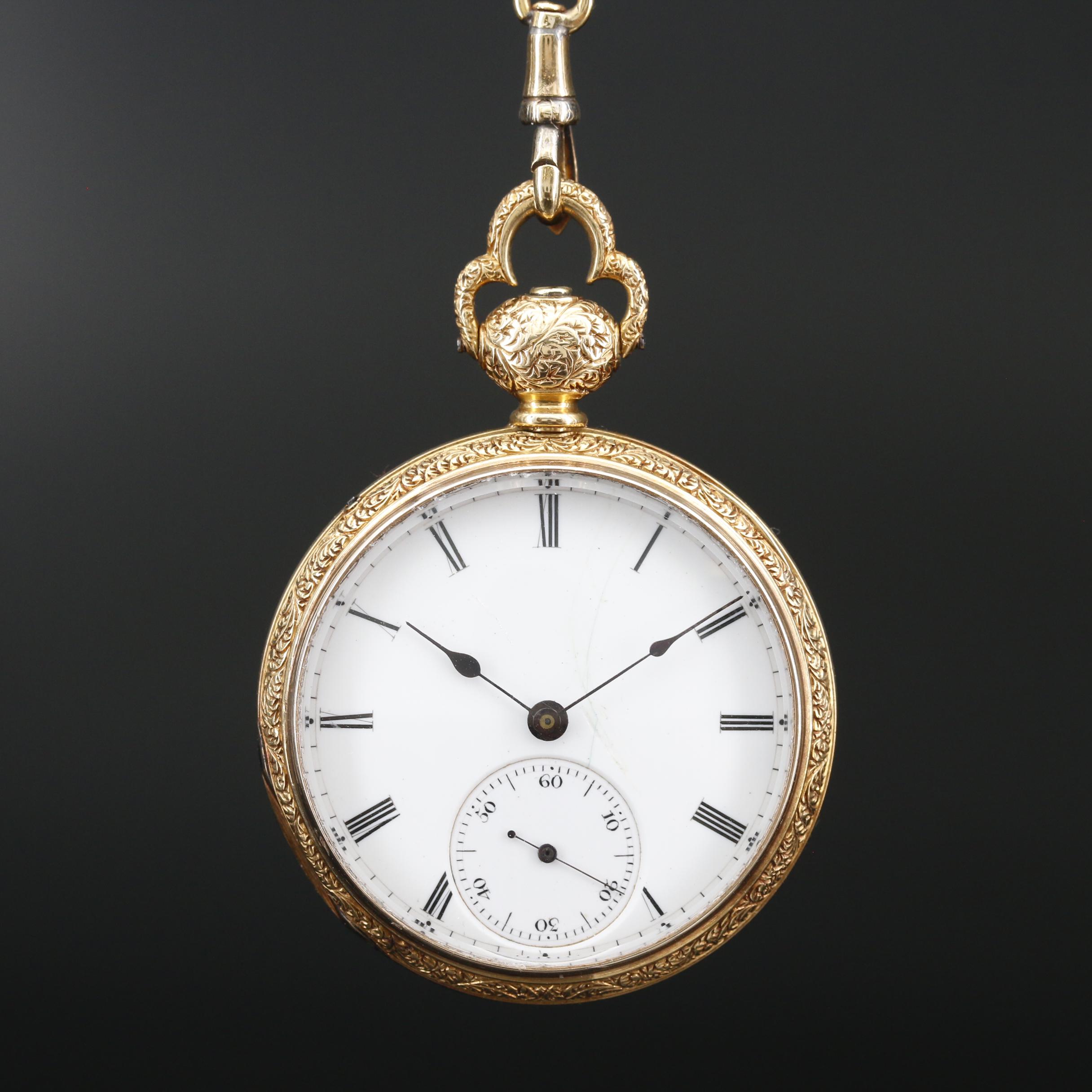 Antique Fritz Courvoisier 14K Enamel and Diamond Watch on 18K Enamel Chain