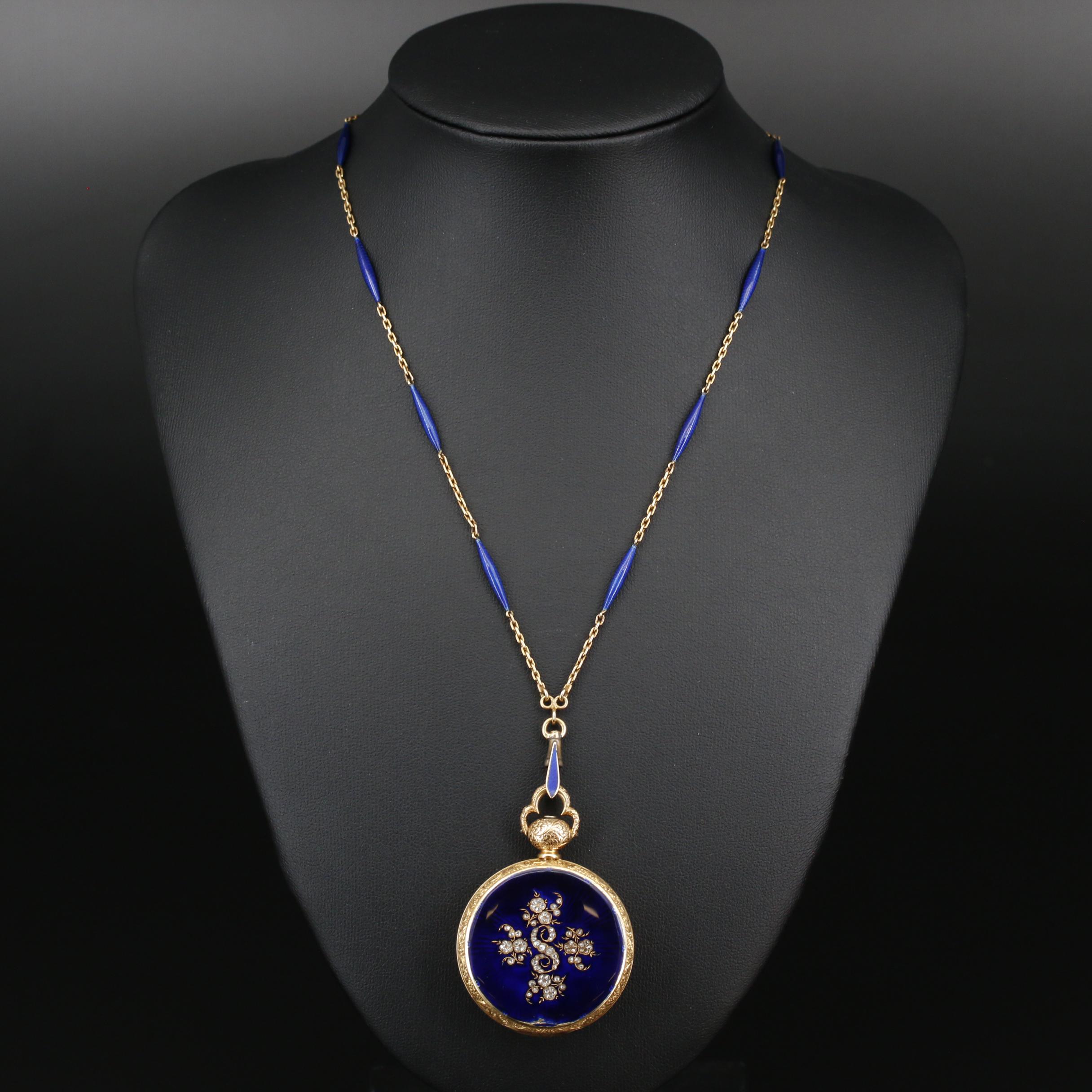 Antique Fritz Courvoisier 14K Enamel and Diamond Watch on 18K Enamel Chain