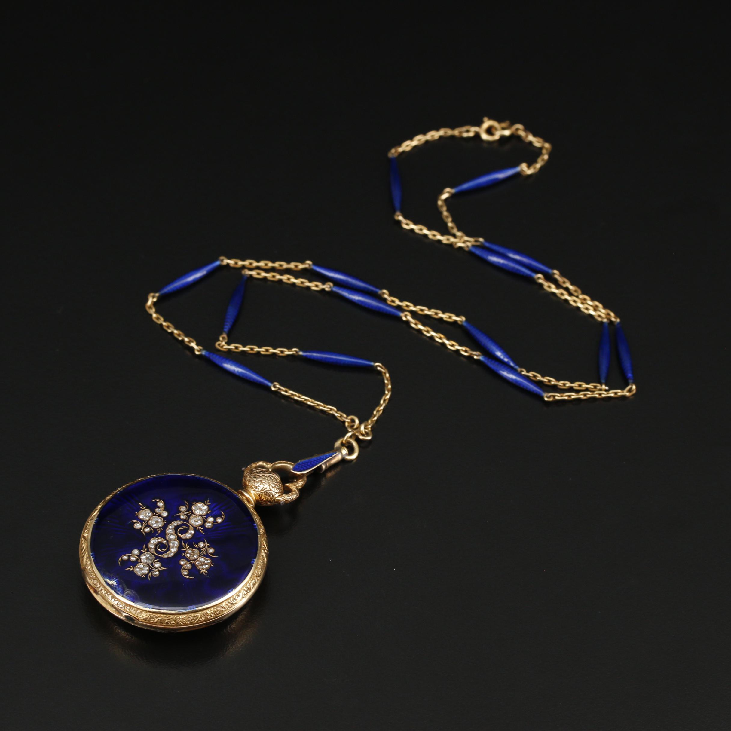 Antique Fritz Courvoisier 14K Enamel and Diamond Watch on 18K Enamel Chain