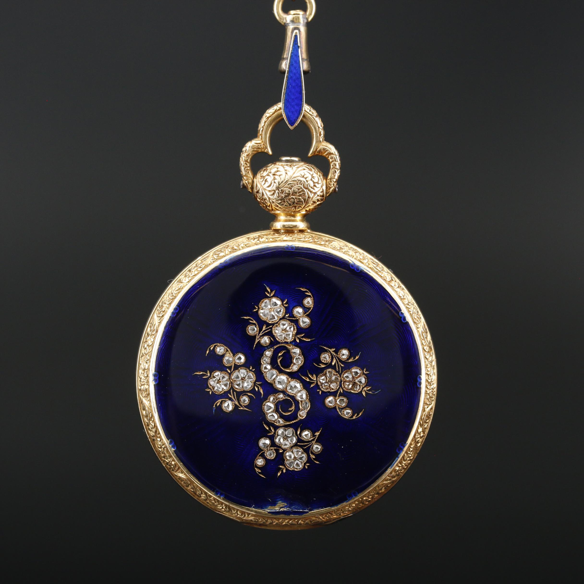 Antique Fritz Courvoisier 14K Enamel and Diamond Watch on 18K Enamel Chain