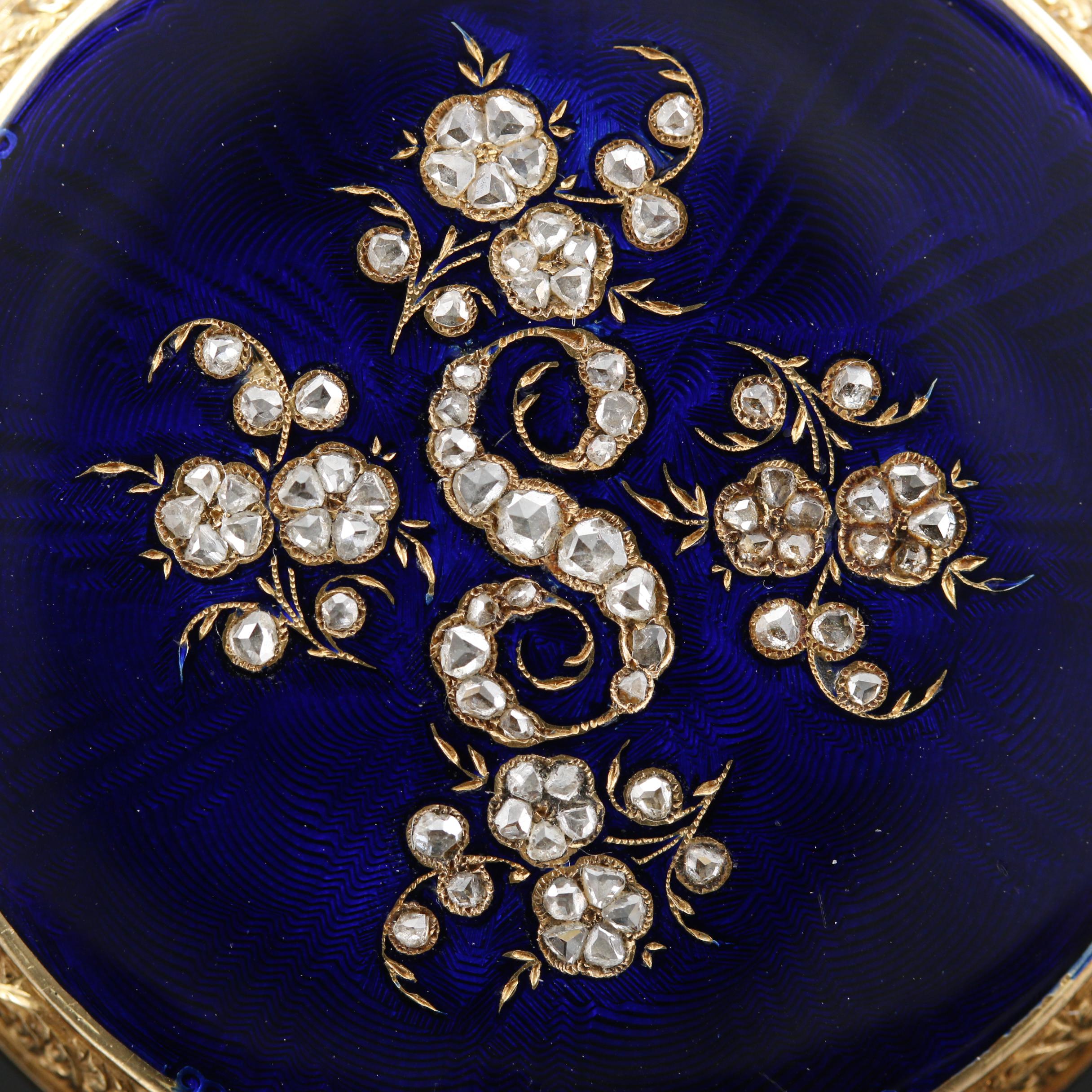 Antique Fritz Courvoisier 14K Enamel and Diamond Watch on 18K Enamel Chain