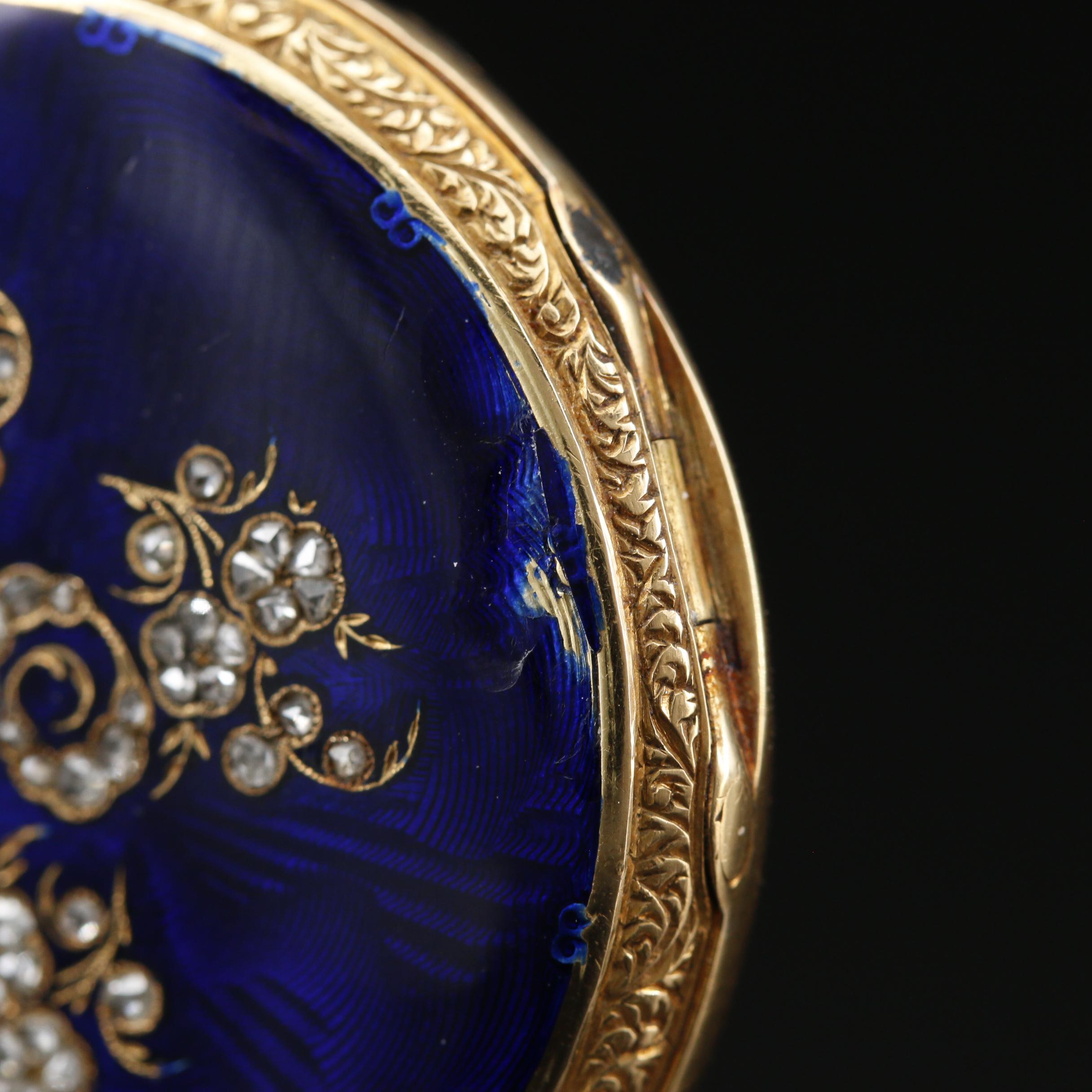 Antique Fritz Courvoisier 14K Enamel and Diamond Watch on 18K Enamel Chain