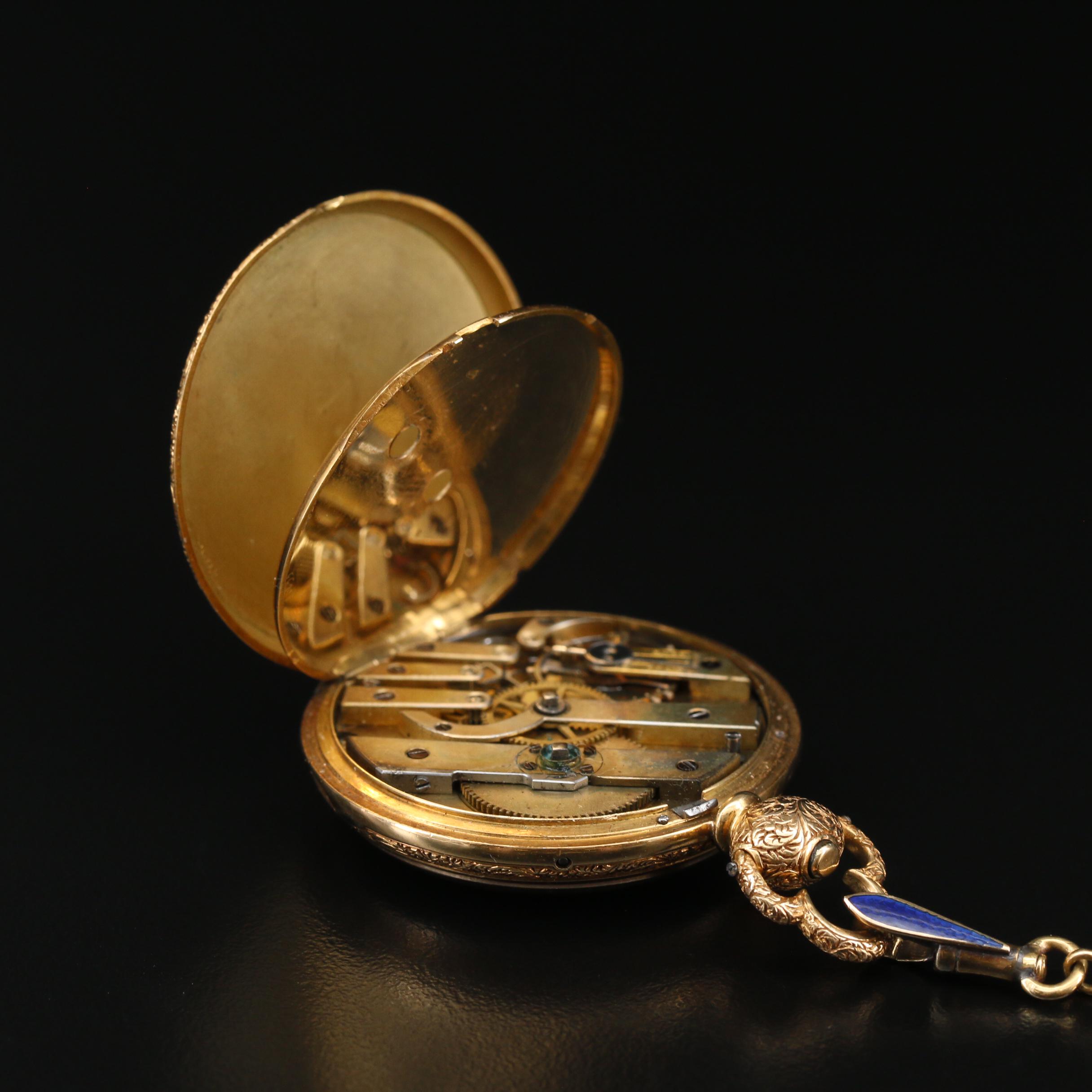 Antique Fritz Courvoisier 14K Enamel and Diamond Watch on 18K Enamel Chain