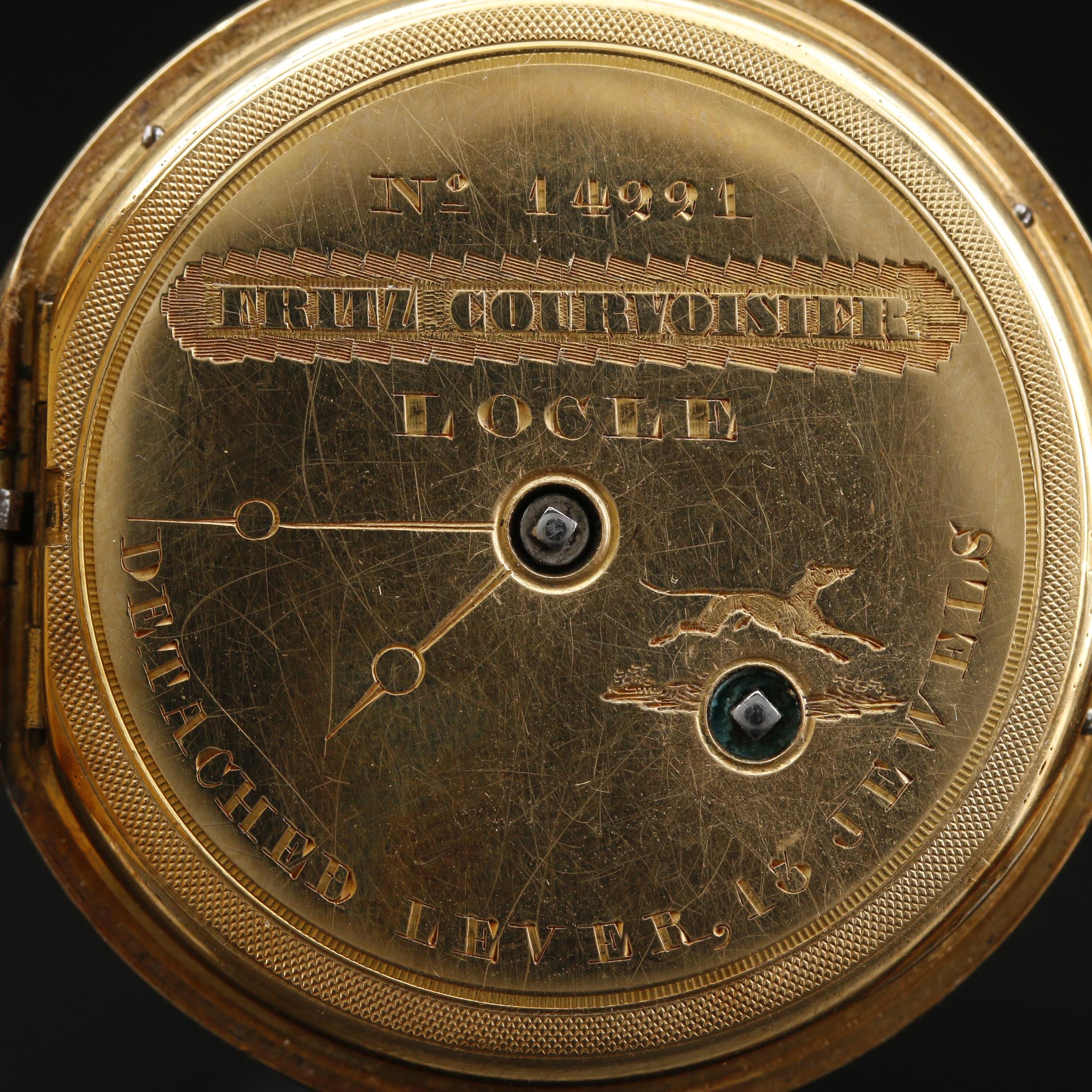 Antique Fritz Courvoisier 14K Enamel and Diamond Watch on 18K Enamel Chain