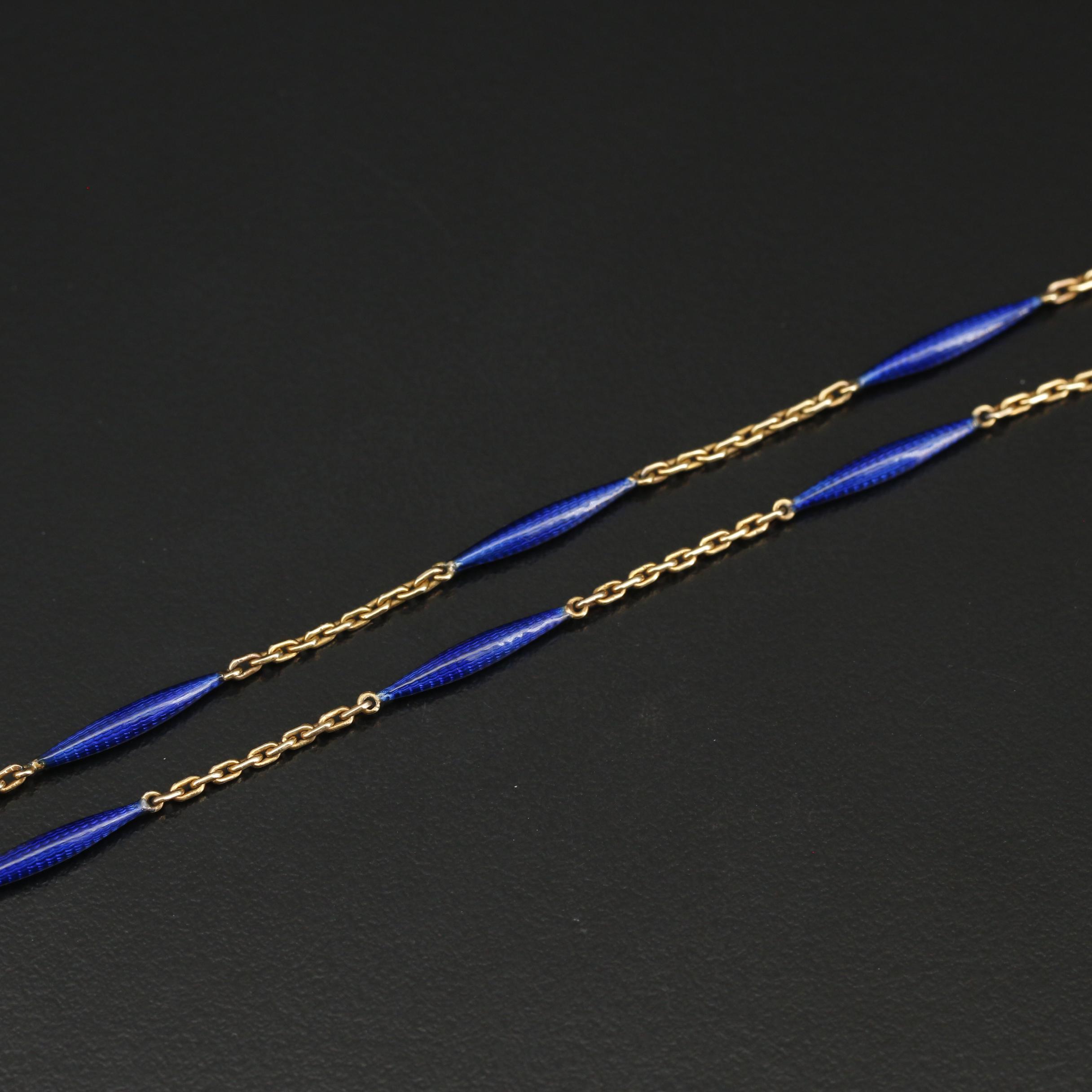 Antique Fritz Courvoisier 14K Enamel and Diamond Watch on 18K Enamel Chain