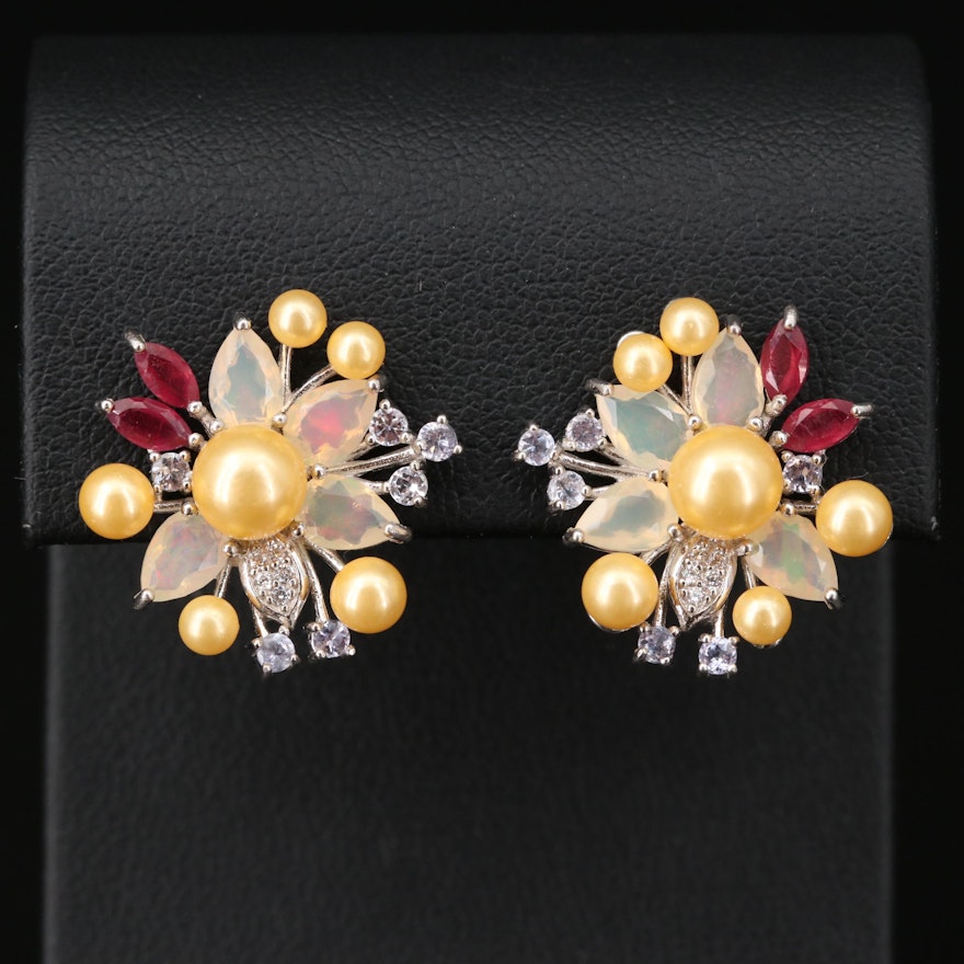 Sterling Silver Floral Earrings with Pearl, Opal and Corundum