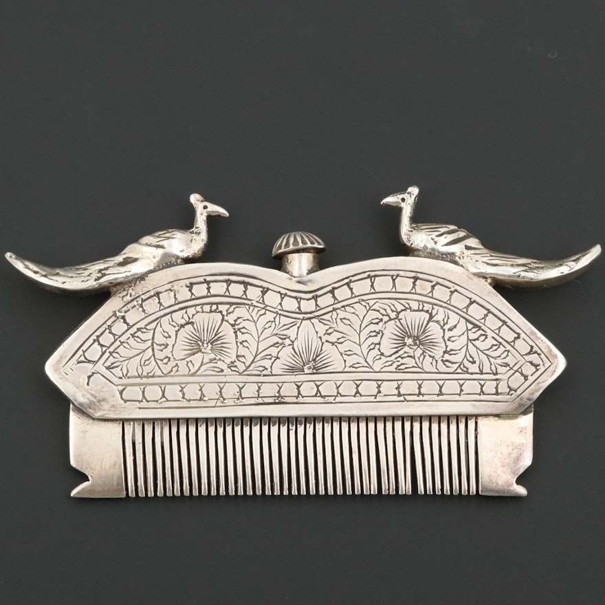 Vintage North Indian Style 800 Silver Peacock Perfume Comb