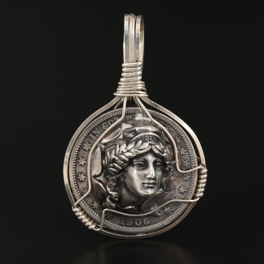 Sterling Pendant with Altered 1906 Barber Silver Half Dollar