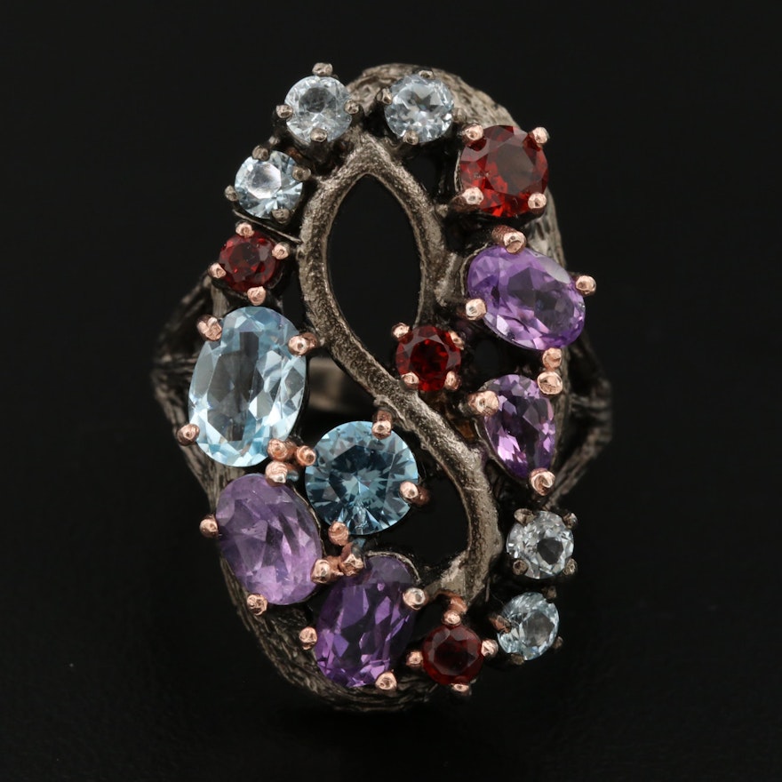 Sterling Silver Amethyst, Topaz and Garnet Ring