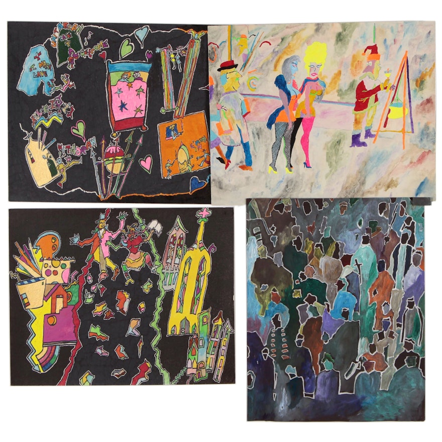 Robert W. Hasselhoff Figural Abstract Mixed Media Paintings, Late 20th Century
