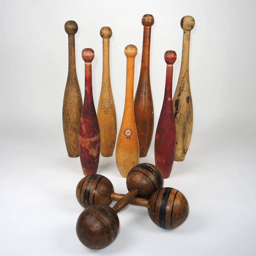 Victorian Wooden Pin Weights and Dumbbell, Early 20th Century