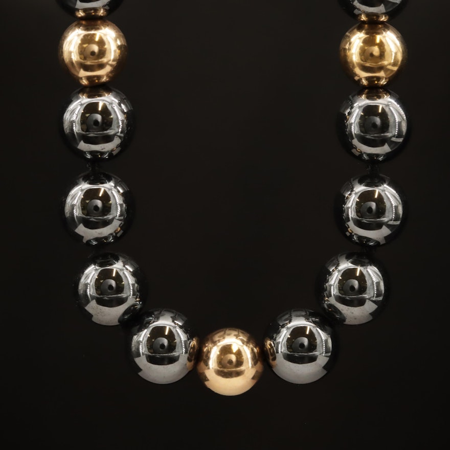 Knotted Hematite Bead Necklace with 14K Clasp and Spacer Beads