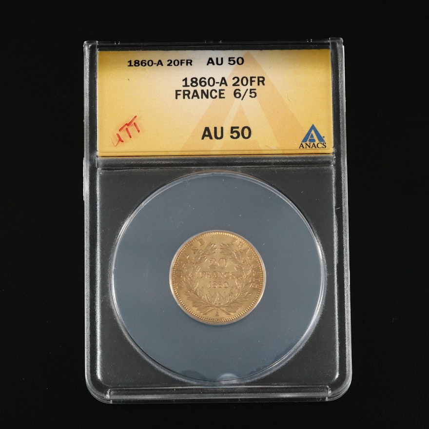ANACS Graded AU50 1860-A France 20-Francs Gold Coin