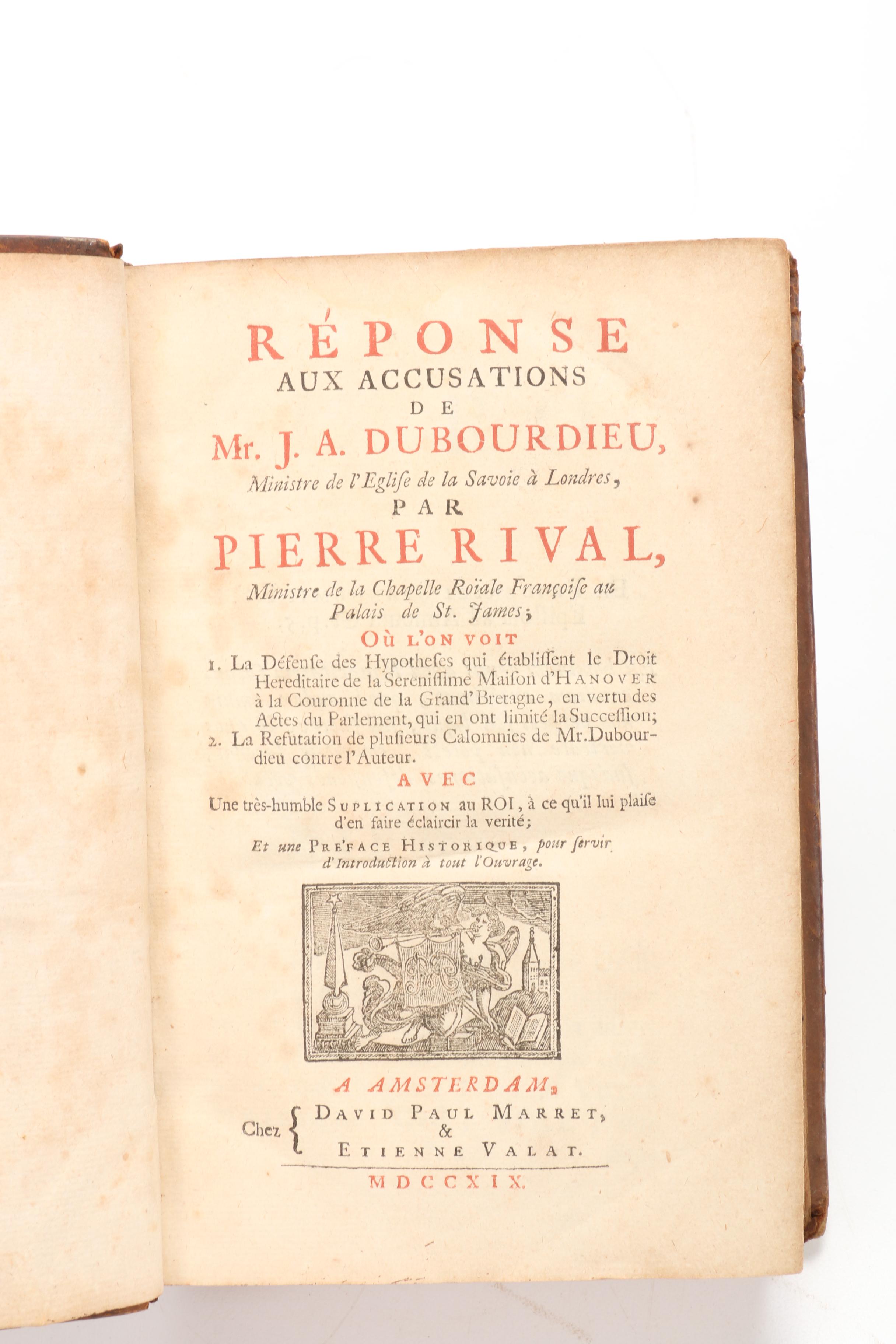 1719 French Book "Reponse Aux Accusations de Mr. J.A. Dubourdieu" by P. Rival