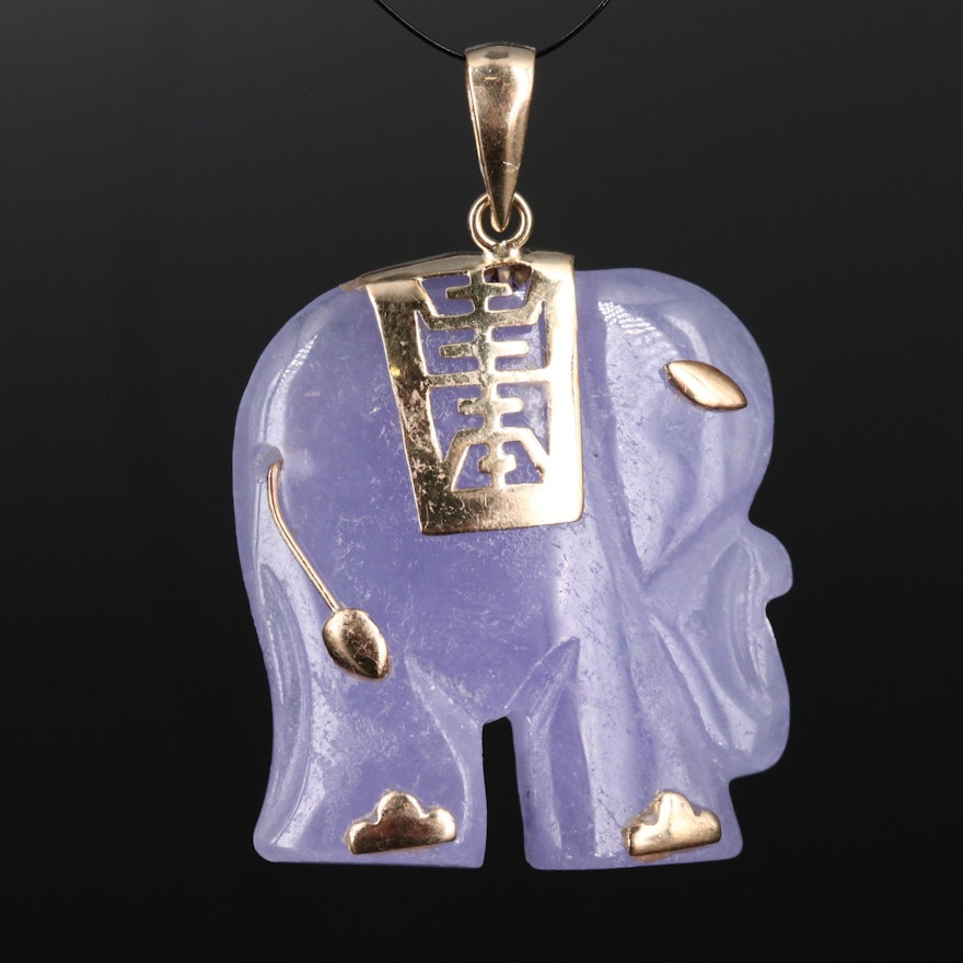 Carved Jadite Elephant Pendant with 14K Accents
