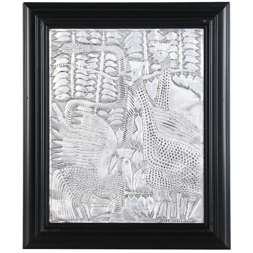 Toyin Folorunso Hammered Aluminum Relief Folk Art "Playing Birds"