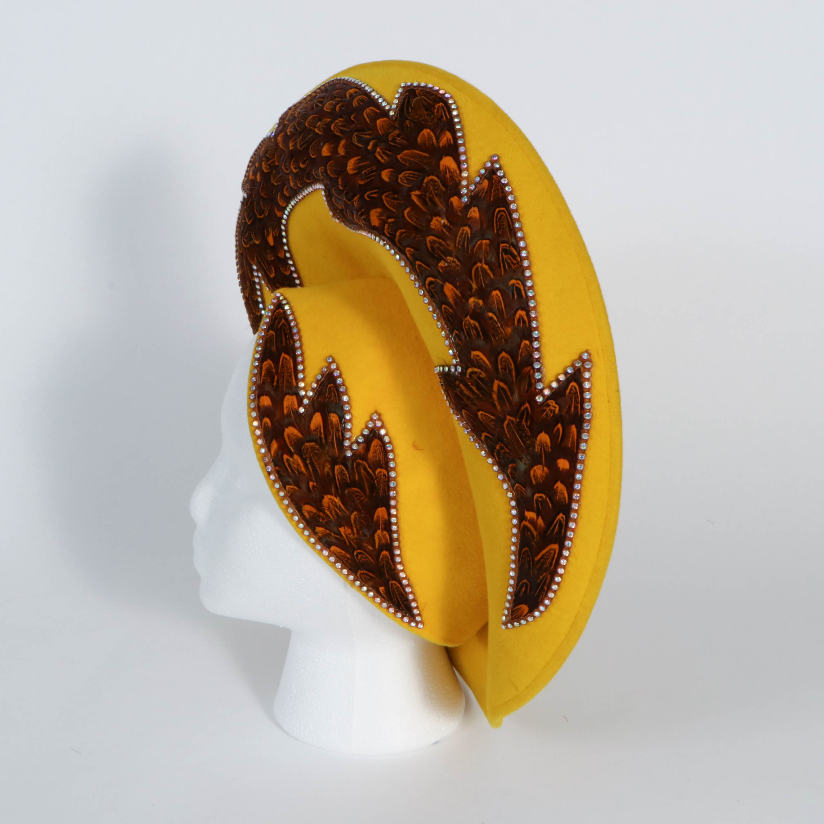 Jack McConnell Stylized Hat in Yellow with Rhinestone Embellished Feathers
