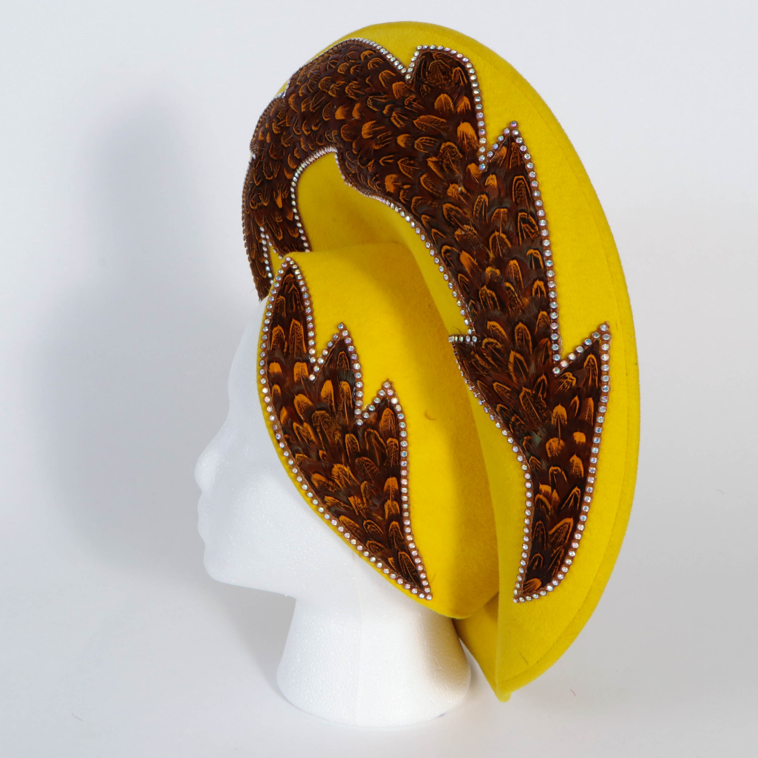 Jack McConnell Stylized Hat in Yellow with Rhinestone Embellished Feathers