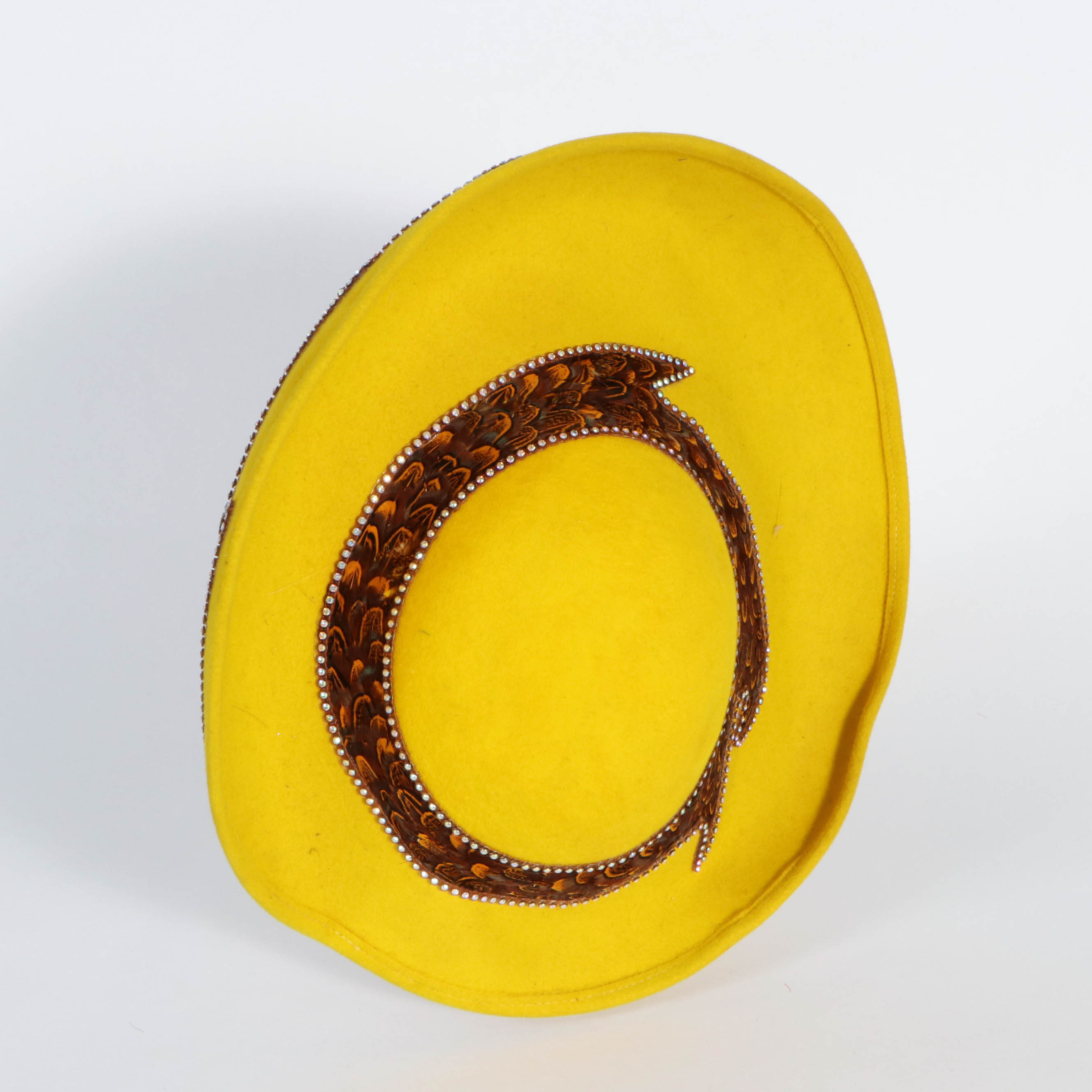 Jack McConnell Stylized Hat in Yellow with Rhinestone Embellished Feathers