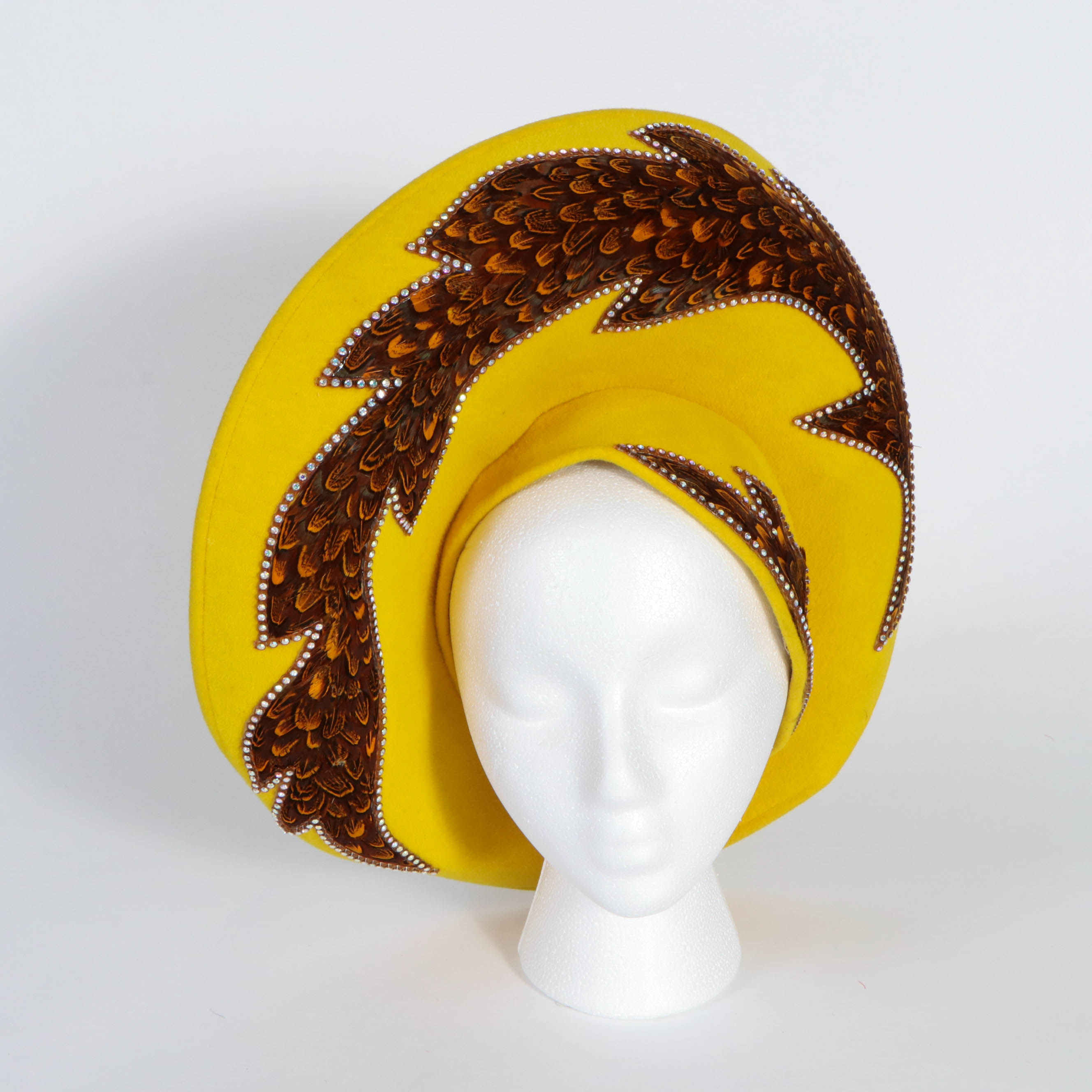 Jack McConnell Stylized Hat in Yellow with Rhinestone Embellished Feathers