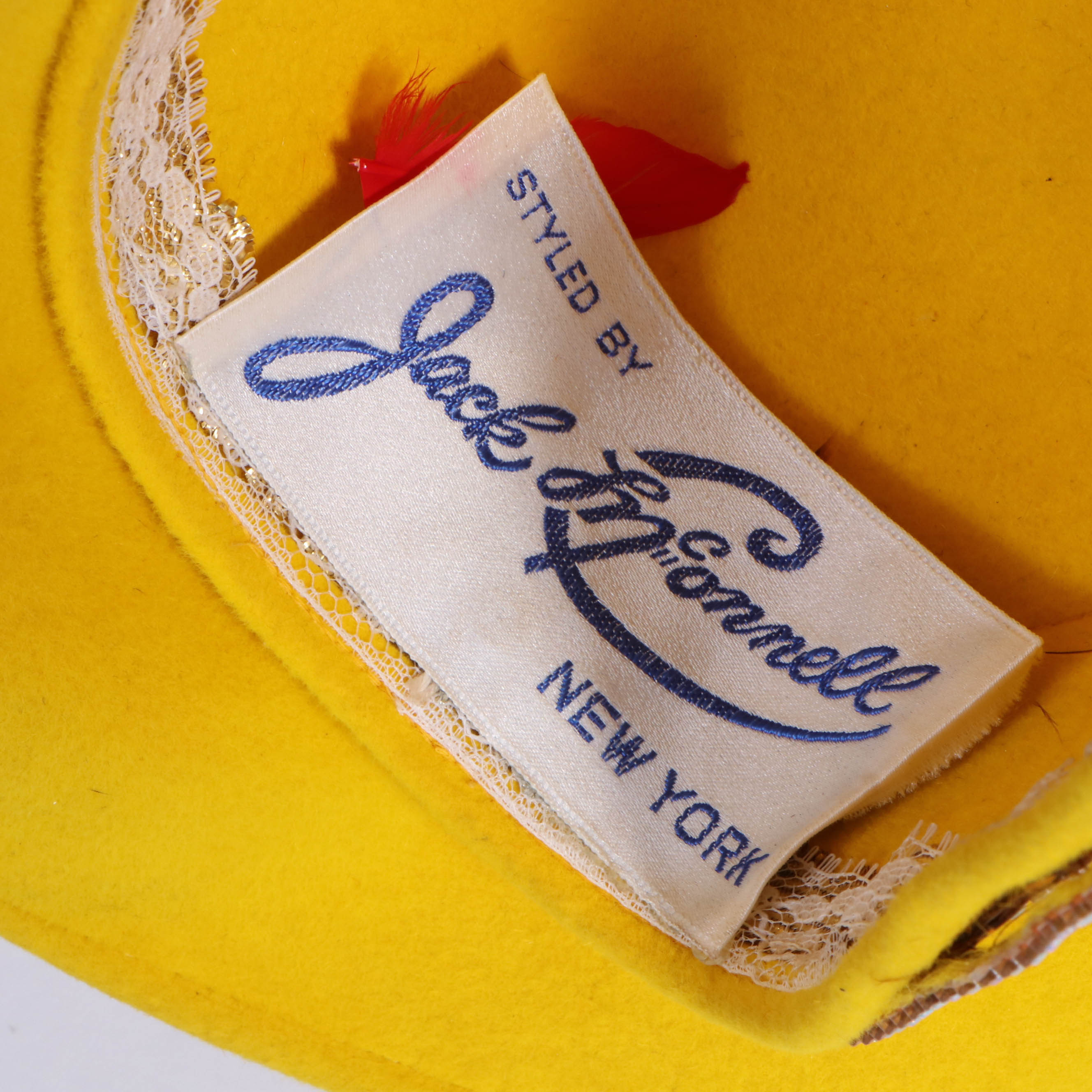 Jack McConnell Stylized Hat in Yellow with Rhinestone Embellished Feathers
